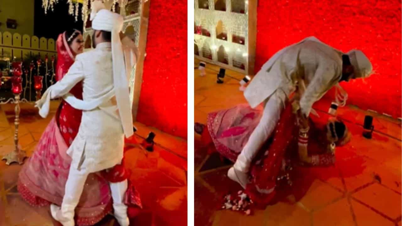 OMG! ਫੋਟੋਗ੍ਰਾਫੀ ਲਈ ਦੇ ਰਹੇ ਸਨ ਰੋਮਾਂਟਿਕ ਪੋਜ਼, ਡਾਂਸ ਕਰਦੇ ਹੋਏ ਸਟੇਜ ਤੇ ਡਿੱਗੇ ਲਾੜਾ-ਲਾੜੀ, ਦੇਖੋ ਵੀਡੀਓ