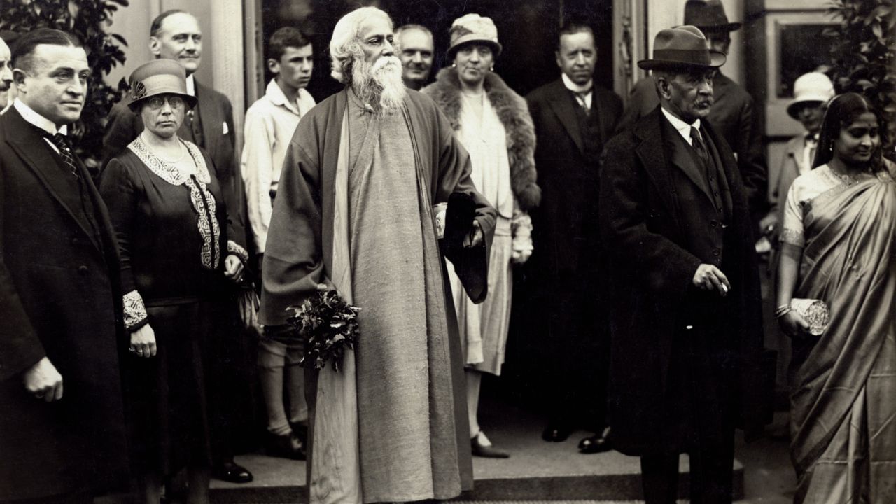 Rabindranath Tagore, the 1913 recipient of the Nobel Prize in Literature, standing in a group.(Photo by Michael NicholsonCorbis via Getty Images)