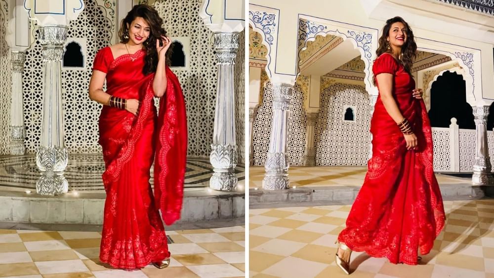 ਨਵੀਂ ਵਿਆਹੀ ਕੁੜੀਆਂ ਵੀ ਦਿਵਯੰਕਾ ਤ੍ਰਿਪਾਠੀ ਵਾਂਗ ਮਾਘੀ 'ਤੇ ਲਾਲ ਰੰਗ ਦੀ ਕਰਵ ਬਾਰਡਰ ਸਾੜ੍ਹੀ ਪਹਿਨ ਸਕਦੀਆਂ ਹਨ। ਅਦਾਕਾਰਾ ਨੇ ਲਾਲ ਚੂੜੀਆਂ ਦਾ ਸੈੱਟ ਵੀ ਪਾਇਆ ਹੋਇਆ ਹੈ।