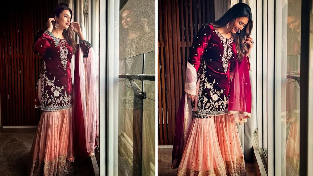 ਮਾਘੀ 'ਤੇ ਦਿਵਯੰਕਾ ਦੇ ਇਸ ਲੁੱਕ ਤੋਂ Idea ਲਏ ਜਾ ਸਕਦੇ ਹਨ। ਮਕਰ ਸੰਕ੍ਰਾਂਤੀ ਦੇ ਦੌਰਾਨ ਵੀ, ਮੌਸਮ ਠੰਡਾ ਰਹਿੰਦਾ ਹੈ, ਇਸ ਲਈ ਇੱਕ ਮਖਮਲੀ ਫੁਲ ਸਲੀਵ ਸੂਟ ਨਾ ਸਿਰਫ ਇੱਕ ਸੰਪੂਰਨ ਤਿਉਹਾਰ ਦੀ ਲੁੱਕ ਦੇਵੇਗਾ ਬਲਕਿ ਤੁਹਾਨੂੰ ਠੰਡ ਤੋਂ ਵੀ ਬਚਾਏਗਾ। ਅਭਿਨੇਤਰੀ ਨੇ ਹਲਕੇ ਅਤੇ ਗੂੜ੍ਹੇ ਰੰਗਾਂ ਦਾ ਇੱਕ ਕੰਟਰਾਸਟ ਬਣਾਇਆ ਹੈ।