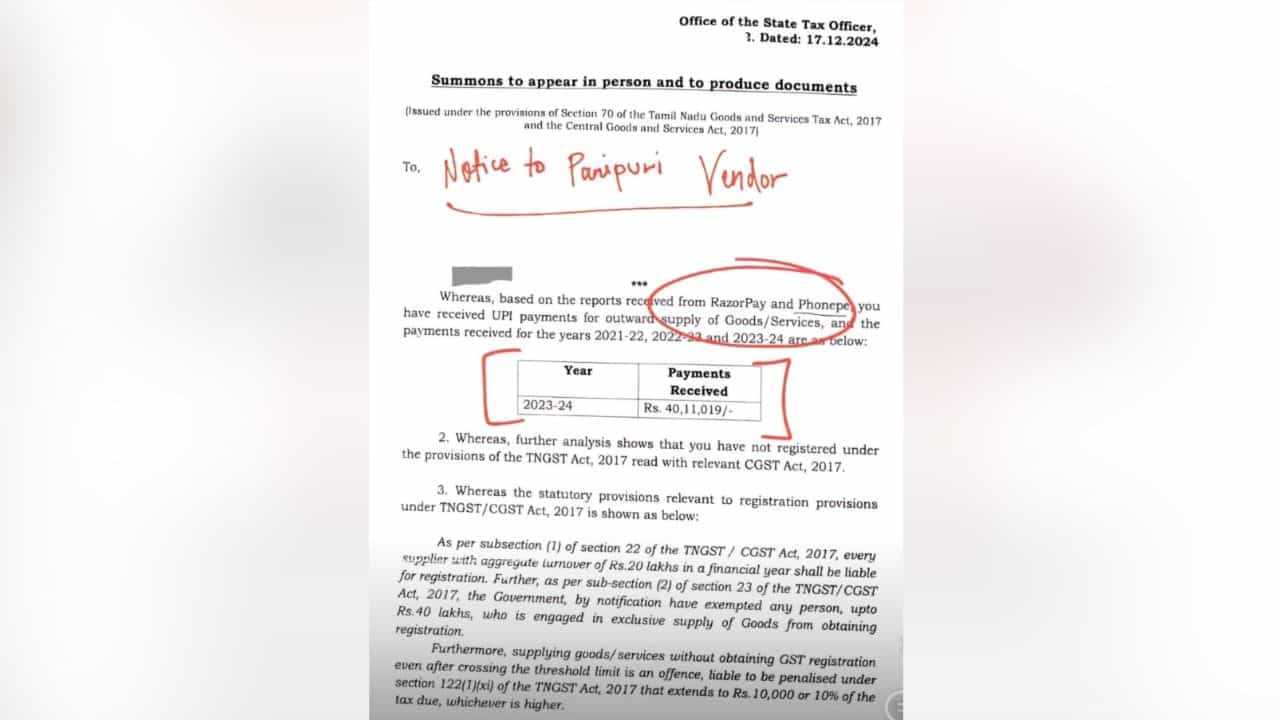 OMG:ਤਾਮਿਲਨਾਡੂ ਦੇ ਗੋਲਗਪੇ ਵੇਚਣ ਵਾਲੇ ਦਾ GST ਨੋਟਿਸ ਵਾਇਰਲ, UPI ਰਾਹੀਂ ਸਾਲ ਚ ਕਮਾਏ 40 ਲੱਖ ਰੁਪਏ OMG:ਤਾਮਿਲਨਾਡੂ ਦੇ ਗੋਲਗਪੇ ਵੇਚਣ ਵਾਲੇ ਦਾ GST ਨੋਟਿਸ ਵਾਇਰਲ, UPI ਰਾਹੀਂ ਸਾਲ ਚ ਕਮਾਏ 40 ਲੱਖ ਰੁਪਏ