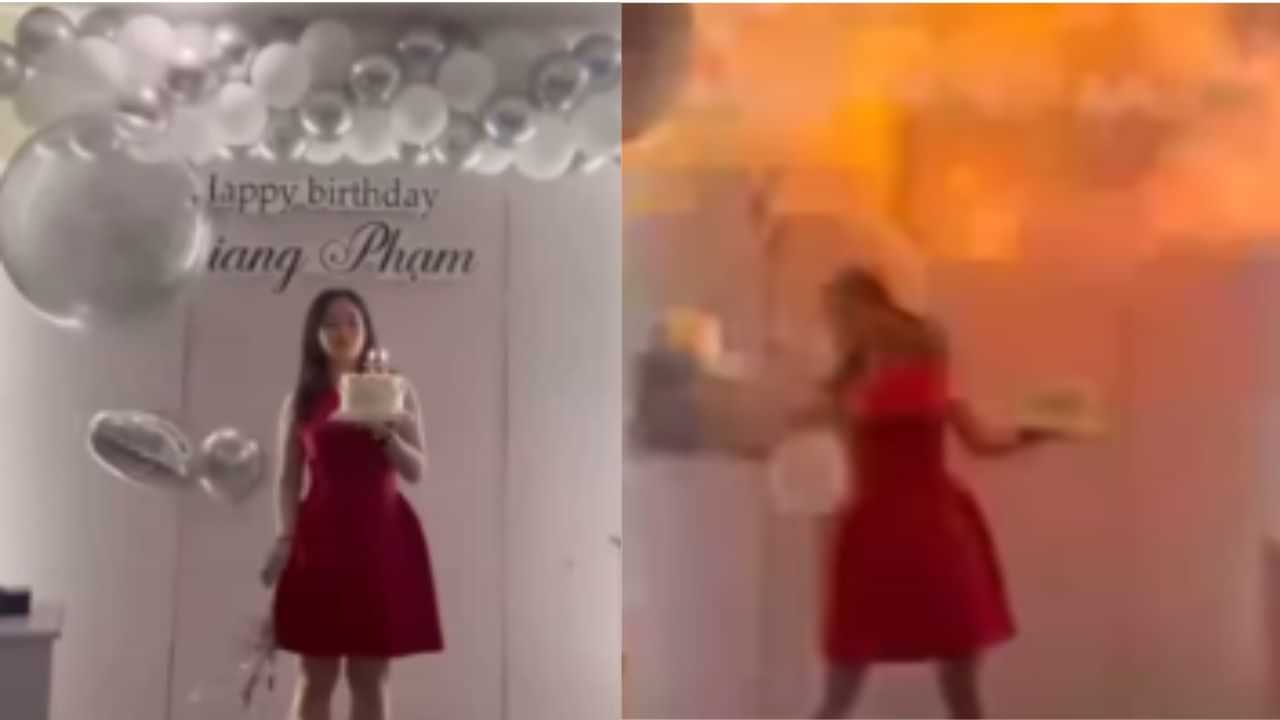 Shocking Video: ਜਨਮਦਿਨ ਤੇ ਕੇਕ ਨਾਲ ਫੋਟੋ ਖਿਚਵਾ ਰਹੀ ਸੀ Birthday Girl, ਗੁਬਾਰਿਆਂ ਕਾਰਨ ਹੋਇਆ ਧਮਾਕਾ