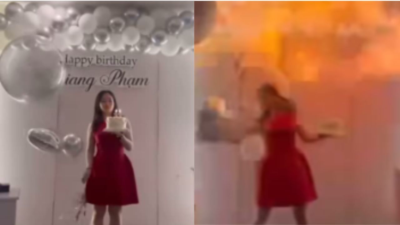 Shocking Video: ਜਨਮਦਿਨ ‘ਤੇ ਕੇਕ ਨਾਲ ਫੋਟੋ ਖਿਚਵਾ ਰਹੀ ਸੀ Birthday Girl, ਗੁਬਾਰਿਆਂ ਕਾਰਨ ਹੋਇਆ ਧਮਾਕਾ Shocking Video: ਜਨਮਦਿਨ ‘ਤੇ ਕੇਕ ਨਾਲ ਫੋਟੋ ਖਿਚਵਾ ਰਹੀ ਸੀ Birthday Girl, ਗੁਬਾਰਿਆਂ ਕਾਰਨ ਹੋਇਆ ਧਮਾਕਾ
