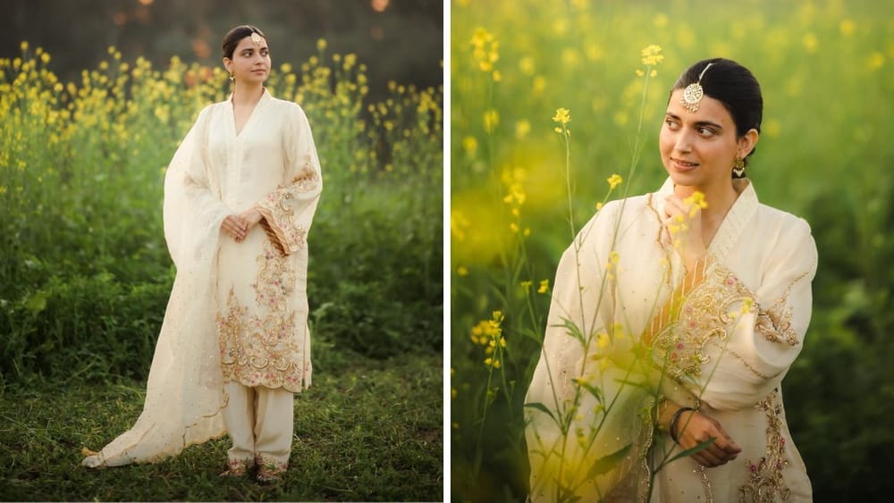 ਨਿਮਰਤ ਖਹਿਰਾ ਨੇ ਵਾਈਟ ਕਲਰ ਦਾ V-ਨੇਕ ਕਾਲਰ ਸੂਟ ਪਾਇਆ ਹੈ, ਜਿਸ ਵਿੱਚ ਕਸ਼ਮੀਰੀ ਸਟਾਈਲ ਦੀਆਂ ਸਲੀਵਜ਼ ਹਨ। ਅਦਾਕਾਰਾ ਦੀ ਕੁੜਤੀ ਅਤੇ ਪੈਂਟ 'ਤੇ ਸੁੰਦਰ ਜ਼ਰੀ ਦਾ ਕੰਮ ਕੀਤਾ ਹੋਇਆ ਹੈ। ਪਹਿਰਾਵੇ ਤੋਂ ਲੈ ਕੇ ਗਹਿਣਿਆਂ ਤੱਕ, ਉਸਦਾ ਰਵਾਇਤੀ ਲੁੱਕ ਵਿਸਾਖੀ ਲਈ Perfect ਹੋਵੇਗਾ।