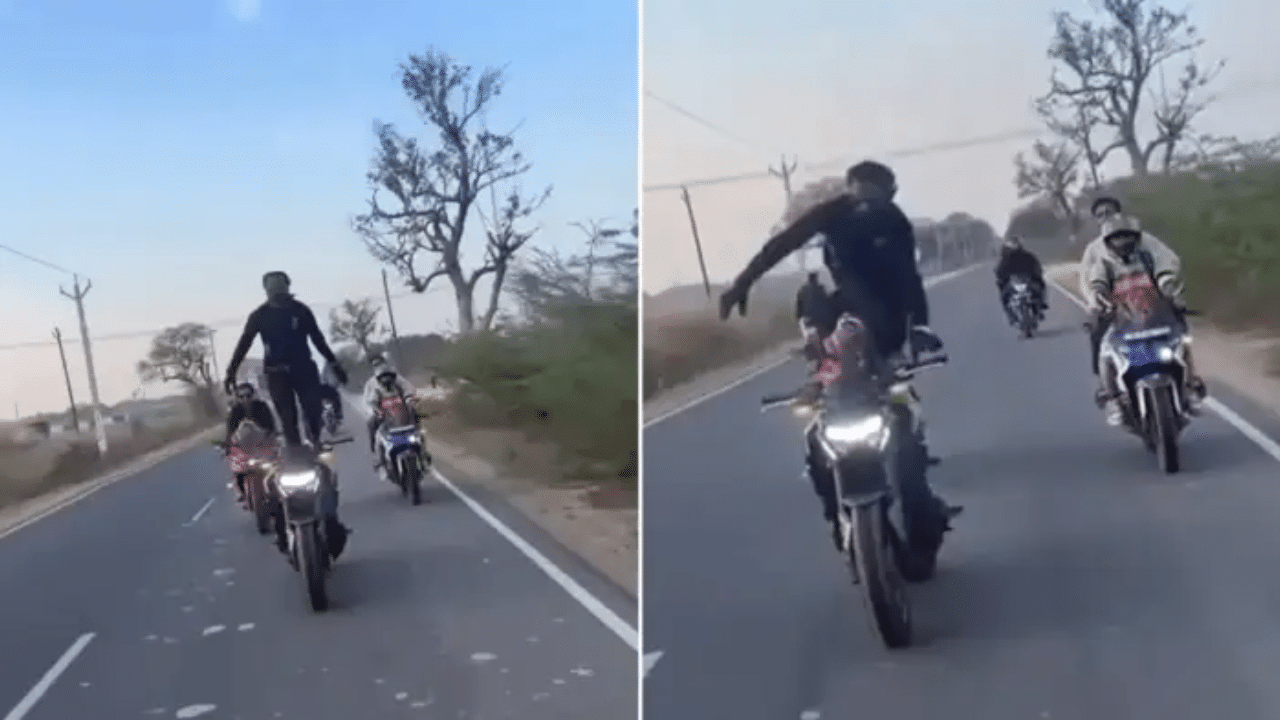 Viral Video: ਬਾਈਕ ‘ਤੇ ਖੜ੍ਹਾ ਹੋ ਕੇ ਸਟੰਟ ਕਰ ਰਿਹਾ ਸੀ ਸ਼ਖਸ, ਪਰ ਦੂਜੇ ਮੁੰਡੇ ਲਈ ਬਣ ਗਈ ਸਜ਼ਾ