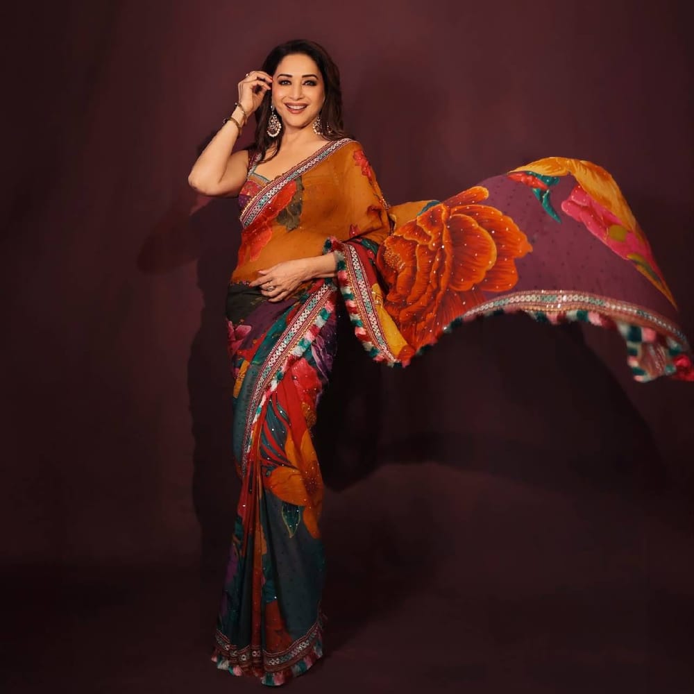 ਅਦਾਕਾਰਾ ਨੇ ਜਾਰਜੇਟ ਵਿੱਚ ਫਲੋਰਲ ਪ੍ਰਿੰਟ ਵਾਲੀ ਮਲਟੀ-ਕਲਰਡ ਸਾੜੀ ਪਹਿਨੀ ਹੈ। ਸਾੜੀ ਦੇ ਕਿਨਾਰਿਆਂ 'ਤੇ ਕਢਾਈ ਦਾ ਕੰਮ ਹੈ। ( Credit : madhuridixitnene )