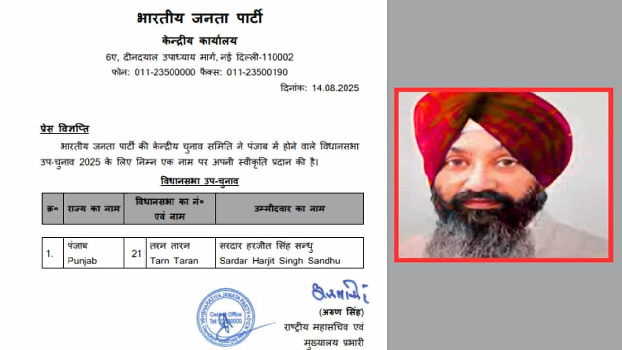 BJP ਨੇ ਤਰਨਤਾਰਨ ਤੋਂ ਉਮੀਦਵਾਰ ਐਲਾਨਿਆ, ਹਰਜੀਤ ਸਿੰਘ ਸੰਧੂ ਨੂੰ ਦਿੱਤੀ ਟਿਕਟ