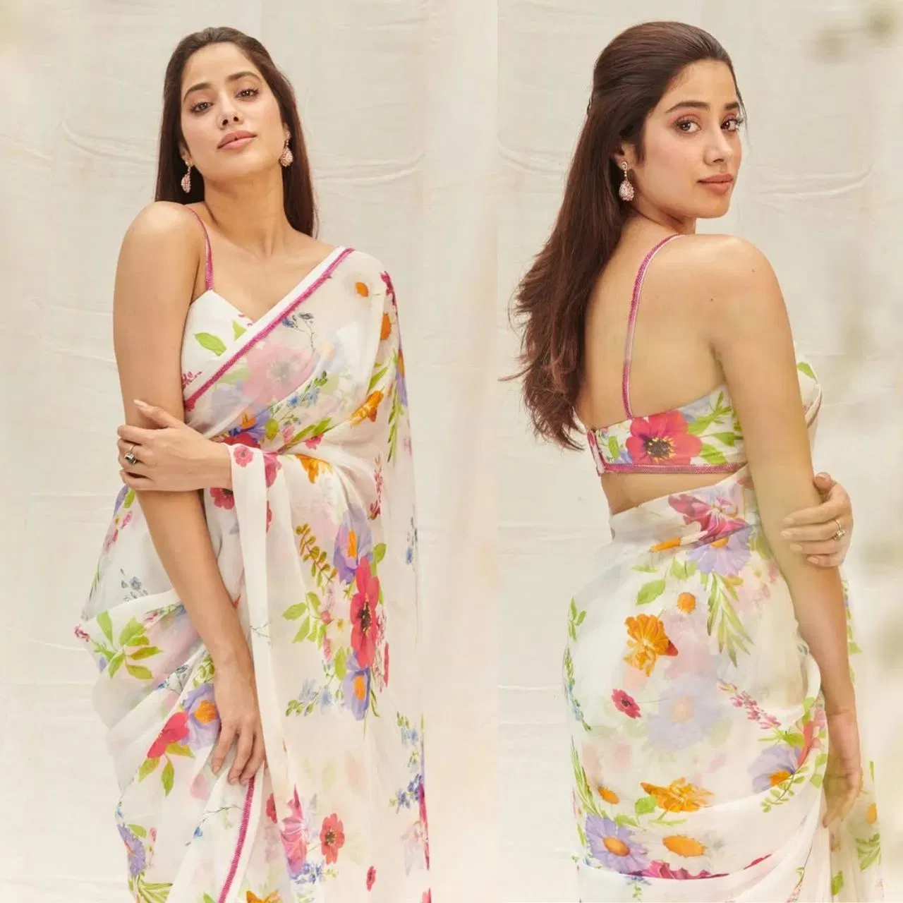 ਜਾਹਨਵੀ ਕਪੂਰ ਫਲੋਰਲ ਸਾੜੀ ਫਰੈਸ਼ ਟੱਚ ਲੁੱਕ ਵਿੱਚ ਦਿਖਾਈ ਦੇ ਰਹੀ ਹੈ। ਵਾਈਟ ਬੇਸ ਫੈਬਰਿਕ 'ਤੇ ਗ੍ਰੀਨ ਔਰੇਂਜ ਕਲਰ ਦਾ ਪ੍ਰਿੰਟ ਇਸ ਸਾੜੀ ਨੂੰ ਆਜ਼ਾਦੀ ਦਿਵਸ ਲਈ ਪਰਫੈਕਟ ਚਾਇਸ ਬਣਾਉਂਦਾ ਹੈ। ਐਲੀਗੈਂਟ ਐਕਸਸਰੀਜ, ਨੈਚੁਰਲ ਮੇਕਅਪ ਅਤੇ ਸਿੰਪਲ ਹੇਅਰ ਸਟਾਈਲ ਉਨ੍ਹਾਂਦੇ ਲੁੱਕ ਨੂੰ ਫਲਾਲੈਸ ਬਣਾ ਰਹੇ ਹਨ।