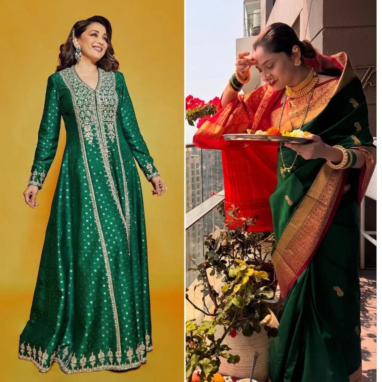 ਫੈਸਟੀਵਲ ਲਈ ਗ੍ਰੀਨ ਅਟਾਇਰ ਪਹਿਨਣਾ ਵੀ ਚੰਗਾ ਮੰਨਿਆ ਜਾਂਦਾ ਹੈ,ਇਸ ਵਿੱਚ ਤੁਹਾਨੂੰ ਵੈਡਿੰਗ ਅਤੇ ਫੈਸਟਿਵ ਲੁੱਕ ਮਿਲਦਾ ਹੈ। ਕਰਵਾ ਚੌਥ ਲਈ, ਤੁਸੀਂ ਅੰਕਿਤਾ ਲੋਖੰਡੇ ਵਾਂਗ ਗ੍ਰੀਨ ਅਤੇ ਰੈੱਡ ਕਲਰ ਦੀ ਬਨਾਰਸੀ ਸਾੜੀ ਪਹਿਨ ਸਕਦੇ ਹੋ। ਨਾਲ ਗ੍ਰੀਨ ਚੂੜੀਆਂ ਅਤੇ ਗੋਲਡਨ ਜੁਲਰੀ ਲੁੱਕ ਨੂੰ ਹੋਰ ਵੀ ਇਨਹੈਂਸ ਕਰਨਗੀਆਂ। ਗ੍ਰੀਨ ਸੂਟ ਵੀ ਵਧੀਆ ਚੁਆਇਸ ਹੋ ਸਕਦਾ ਹੈ