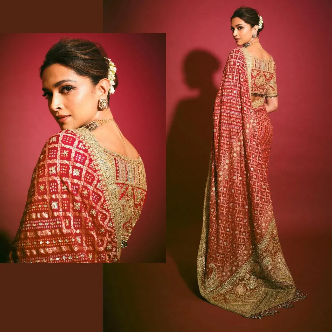 ਦੀਪਿਕਾ ਪਾਦੁਕੋਣ ਦਾ ਇਹ ਸਾੜੀ ਲੁੱਕ ਨਿਊਲੀ ਵੈਡਸ ਕੁੜੀਆਂ ਲਈ ਬੈਸਟ ਰਹੇਗਾ। ਪਹਿਲੇ ਕਰਵਾ ਚੌਥ ਲਈ ਰਿੱਚ ਲੁੱਕ ਚਾਹੁੰਦੇ ਹੋ, ਤਾਂ ਇਹ ਸਾੜੀ ਡਿਜ਼ਾਈਨ ਚੁਣੇ। ਅਭਿਨੇਤਰੀ ਨੇ ਰਿੱਚ ਰੈੱਡ ਕਲਰ ਦੀ ਬਾਂਧਨੀ ਸਾੜੀ ਵੀਅਰ ਕੀਤੀ ਹੈ। ਸਪਾਲ ਜਿਓਮੈਟ੍ਰਿਕ ਡਿਜ਼ਾਈਨ ਨਾਲ ਕ੍ਰਿਏਟ ਕੀਤਾ ਗਿਆ ਗਰਿੱਡ ਪੈਟਰਨ ਅਤੇ ਗੋਲਡ ਜਰੀ ਵਰਕ ਉਨ੍ਹਾਂ ਦੇ ਇਸ ਲੁੱਕ ਨੂੰ ਰਾਇਲ ਟੱਚ ਦੇ ਰਹੇ ਹਨ। ਅਦਾਕਾਰਾ ਨੇ ਸਾੜ੍ਹੀ ਨੂੰ ਮੈਚਿੰਗ ਬਲਾਊਜ਼ ਨਾਲ ਪੇਅਰ ਕੀਤਾ ਹੈ। ਸਟੇਟਮੈਂਟ ਈਅਰਰਿੰਗਸ, ਮੈਚਿੰਗ ਨੇਕਪੀਸ ਦੇ ਨਾਲ ਸਿੰਪਲ ਹੇਅਰ ਬੰਨ ਨੂੰ ਗਜਰੇ ਨਾਲ ਡੇਕੋਰੇਟ ਕਰਕੇ ਵਾਰਮ ਸਕਿਨ ਮੇਕਅਪ ਦੇ ਨਾਲ ਲੁੱਕ ਨੂੰ ਕੰਪਲੀਟ ਕੀਤਾ ਹੈ।