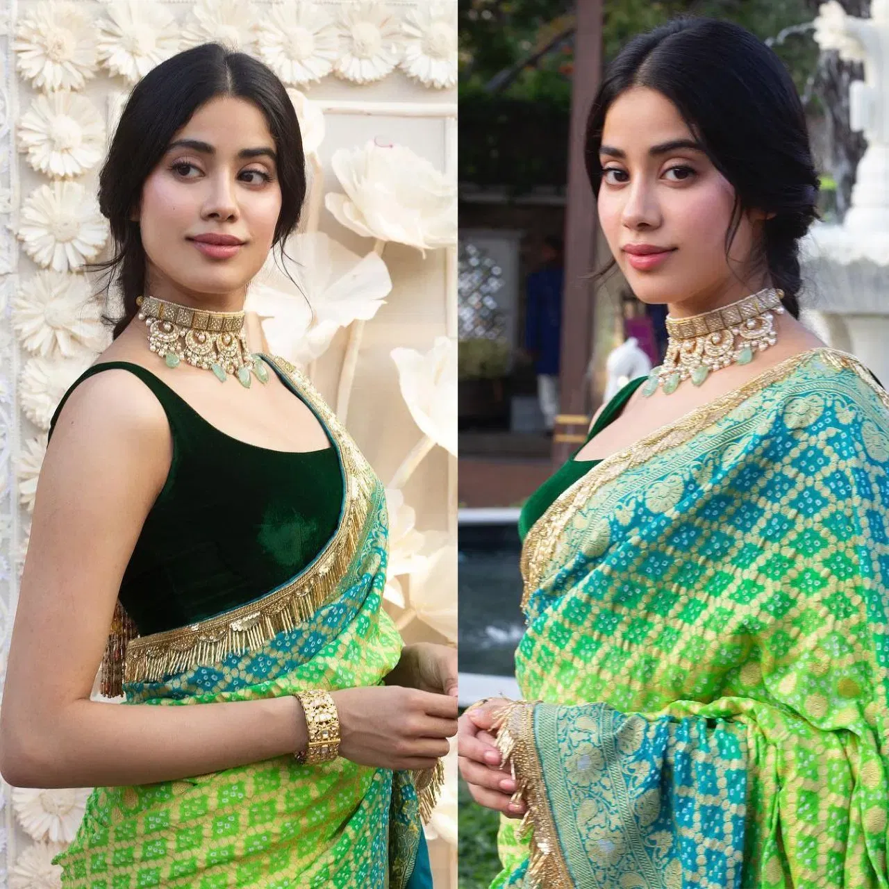 ਕਰਵਾ ਚੌਥ 'ਤੇ ਰੈੱਡ ਨਹੀਂ ਪਹਿਨਣਾ ਚਾਹੁੰਦੇ ਹੋ, ਤਾਂ ਜਾਹਨਵੀ ਕਪੂਰ ਦਾ ਇਹ ਲੁੱਕ ਤੁਹਾਡੇ ਲਈ ਬੈਸਟ ਹੋਵੇਗਾ। ਤੁਸੀਂ ਇਸਨੂੰ ਦਿਨ ਦੀ ਪੂਜਾ ਲਈ ਪਹਿਨ ਸਕਦੇ ਹੋ। ਅਦਾਕਾਰਾ ਨੇ ਗ੍ਰੀਨ ਕਲਰ ਦੀ ਡਬਲ ਸ਼ੇਡ ਬੰਧੇਜ ਸਾੜੀ ਵੀਅਰ ਕੀਤੀ ਹੈ, ਜਿਸ ਵਿੱਚ ਖੂਬਸੂਰਤ ਗ੍ਰੇਡੀਐਂਟ ਇਫੈਕਟ ਹੈ। ਗੋਲਡਨ ਪੈਟਰਨਸ ਉਨ੍ਹਾਂ ਦੇ ਇਸ ਸਾਰਡੀ ਡਿਜਾਇਨ ਹੋਰ ਵੀ ਹਾਈਲਾਈਟ ਕਰ ਰਹੇ ਹਨ। ਸਟੇਟਮੈਂਟ ਨੇਕਪੀਸ ਉਨ੍ਹਾਂ ਦੇ ਲੁੱਕ ਨੂੰ ਸੋਫੇਸਿਟਕੇਟੇਡ ਟੱਚ ਦੇ ਰਹੇ ਹਨ।