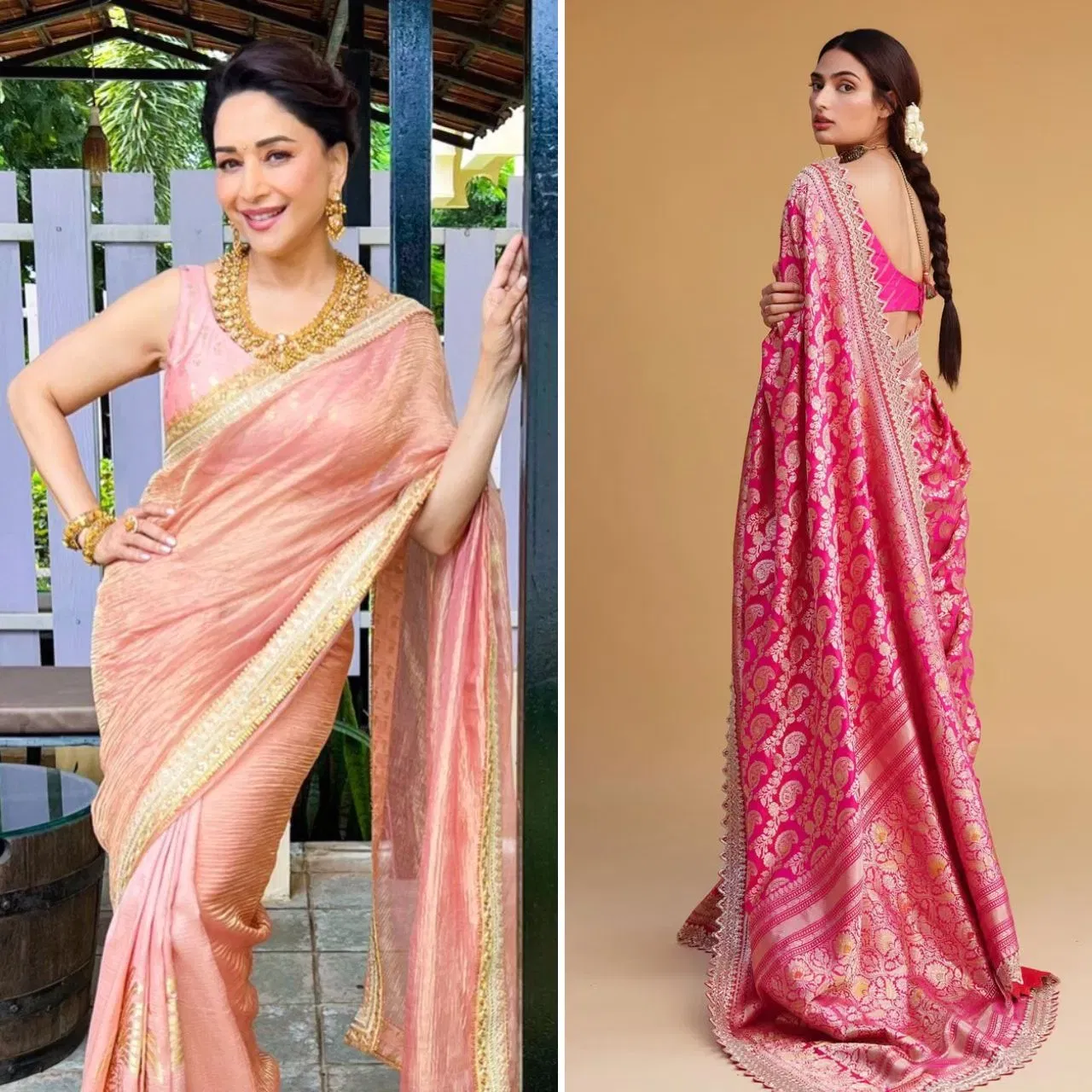 ਪਿੰਕ ਕਲਰ ਤਿਉਹਾਰਾਂ ਲਵੀ ਫੈਸਟੀਵਲ ਤੇ ਚੰਗਾ ਲੁੱਕ ਦਿੰਦਾ ਹੈ ਅਤੇ ਇਸਨੂੰ ਬਹੁਤ ਚੰਗਾ ਮੰਨਿਆ ਜਾਂਦਾ ਹੈ। ਜੇਕਰ ਤੁਸੀਂ ਪੇਸਟਲ ਕਲਰ ਪਸੰਦ ਕਰਦੇ ਹੋ, ਤਾਂ ਮਾਧੁਰੀ ਦੀਕਸ਼ਿਤ ਵਾਂਗ ਗੋਲਡਨ ਬਾਰਡਰ ਵਾਲੀ ਆਰਗੇਂਜ਼ਾ ਸਿਲਕ ਦੀ ਸਾੜੀ ਪਹਿਨ ਸਕਦੇ ਹੋ। ਗੋਲਡਨ ਜੂਲਰੀ ਨਾਲ ਲੁੱਕ ਨੂੰ ਕੰਪਲੀਟ ਕਰੋ। ਜੇਕਰ ਤੁਸੀਂ ਰਿੱਚ ਲੁੱਕ ਚਾਹੁੰਦੇ ਹੋ, ਤਾਂ ਆਥੀਆ ਸ਼ੈੱਟੀ ਵਾਂਗ ਹੈਵੀ ਬਨਾਰਸੀ ਸਾੜੀ ਬੈਸਟ ਰਹੇਗੀ।