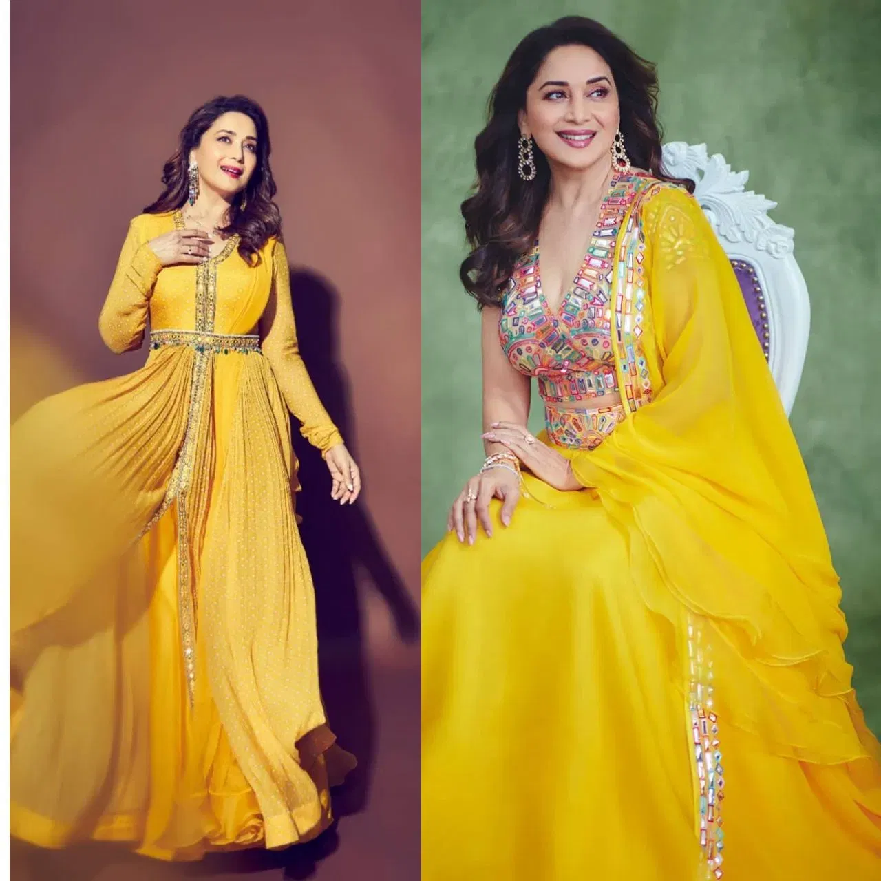 ਬ੍ਰਾਈਟ ਯੈਲੋ ਕਲਰ ਵੀ ਕਾਫੀ ਵਾਈਬ੍ਰੈਂਟ ਲੁੱਕ ਦਿੰਦਾ ਹੈ। ਕਰਵਾ ਚੌਥ ਲਈ ਮਾਧੁਰੀ ਦੀਕਸ਼ਿਤ ਦੇ ਇਨ੍ਹਾਂ ਦੋ ਲੁੱਕਸ ਤੋਂ ਆਇਡਿਆ ਲੈ ਸਕਦੇ ਹੋ। ਇੱਕ ਫੋਟੋ ਵਿੱਚ, ਅਭਿਨੇਤਰੀ ਨੇ ਪੀਲੇ ਰੰਗ ਦਾ ਲੌਂਗ ਲੈਂਥ ਵਾਲਾ ਫਰੰਟ-ਕੱਟ ਸੂਟ ਪਾਇਆ ਹੋਇਆ ਹੈ। ਦੂਜੀ ਫੋਟੋ ਵਿੱਚ, ਉਸਨ੍ਹਾਂ ਨੇ ਕਲਰਫੁੱਲ ਰੇਸ਼ਮ ਅਤੇ ਮਿਰਰ-ਵਰਕ ਵਾਲੇ ਬਲਾਊਜ਼ ਦੇ ਨਾਲ ਇੱਕ ਹਲਕਾ ਪਲੇਨ ਲਹਿੰਗਾ ਪੇਅਰ ਕੀਤਾ ਹੋਇਆ ਹੈ। ਇਹ ਦੋਵੇਂ ਆਊਟਫਿਟ ਕਰਵਾ ਚੌਥ ਦੇ ਦਿਨ ਪੂਜਾ ਲਈ ਇੱਕ ਵਧੀਆ ਲੁੱਕ ਦੇਣਗੇ।