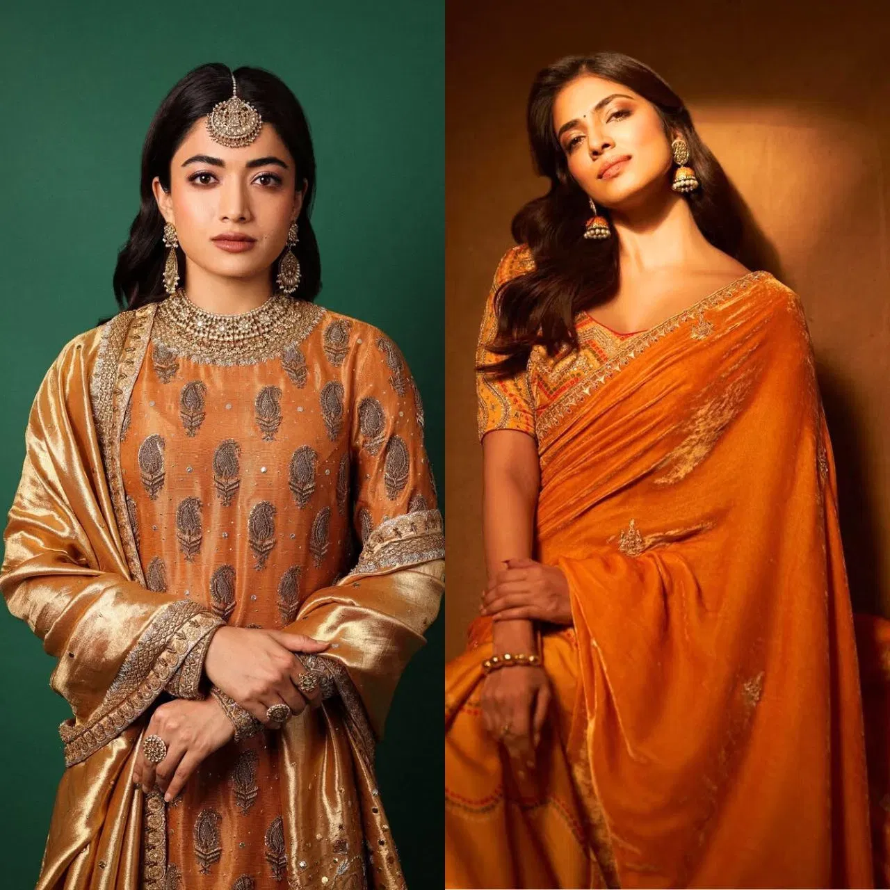 ਕਰਵਾ ਚੌਥ ਲਈ ਔਰੇਂਜ ਆਊਟਫਿਟ ਵੀ ਟ੍ਰਾਈ ਕਰ ਸਕਦੇ ਹੋ। ਅਦਾਕਾਰਾ ਮਾਲਵਿਕਾ ਮੋਹਨਨ ਵਾਂਗ ਹੈਲੀ ਵੈਲਵੇਟ ਫੈਬਰਿਕਲਾਈਟ ਵੇਟ ਐਬ੍ਰਾਇਡਰੀ ਵਾਲੀ ਸਾੜੀ ਜੋੜੋ ਅਤੇ ਮੈਚਿੰਗ ਵਾਲੀਆਂ ਵਾਲੀਆਂ ਪਰਫੈਕਟ ਲੁੱਕ ਦੇਣਗੀਆਂ। ਨਾਲ ਹੀ ਤੁਸੀਂ ਰਸ਼ਮਿਕਾ ਮੰਧਾਨਾ ਵਰਗਾ ਐਂਬੇਲਿਸ਼ਡ ਔਰੇਂਡ ਸੂਟ ਵੀ ਵੀਅਰ ਕਰ ਸਕਦੇ ਹੋ।