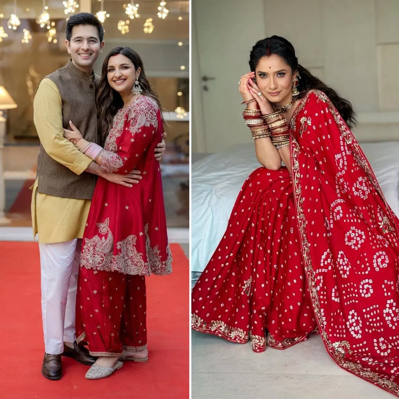 ਕਰਵਾ ਚੌਥ ਲਈ ਰੈੱਡ ਸਭ ਤੋਂ ਚੰਗਾ ਮੰਨਿਆ ਜਾਂਦਾ ਹੈ। ਖਾਸ ਕਰਕੇ ਜੇਕਰ ਇਹ ਤੁਹਾਡਾ ਪਹਿਲਾ ਕਰਵਾ ਚੌਥ ਹੈ, ਤਾਂ ਰੈੱਡ ਆਊਟਫਿਟ ਰਿੱਚ ਲੁੱਕ ਦੇਵੇਗਾ। ਐਕਟ੍ਰੇਸ ਅੰਕਿਤਾ ਲੋਖੰਡੇ ਵਾਂਗ, ਤੁਸੀਂ ਲਾਲ ਬੰਧੇਜ ਸਾੜੀ ਪਹਿਨ ਸਕਦੇ ਹੋ। ਐਕਟ੍ਰੈਸ ਤੋਂ ਮੇਕਅਪ ਲੁੱਕ, ਚੂੜੀਆਂ, ਨੈੱਕਲੈਸ ਅਤੇ ਈਅਰਿੰਗਜ ਡਿਜ਼ਾਈਨ ਲਈ ਅਭਿਨੇਤਰੀ ਤੋਂ ਵੀ ਆਇਡਿਆ ਲੈ ਸਕਦੇ ਹੋ। ਪਰਿਣੀਤੀ ਚੋਪੜਾ ਵਾਂਗ, ਤੁਸੀਂ ਆਪਣੇ ਪਹਿਲੇ ਕਰਵਾ ਚੌਥ 'ਤੇ ਲਾਲ ਕਢਾਈ ਵਾਲਾ ਸੂਟ ਪਹਿਨ ਸਕਦੇ ਹੋ।