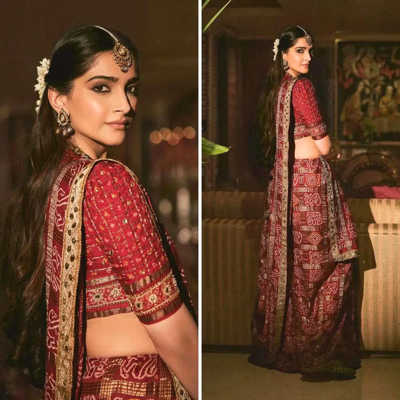 ਸੋਨਮ ਕਪੂਰ ਦਾ ਲੁੱਕ ਵੀ ਕਰਵਾ ਚੌਥ ਪੂਜਾ ਲਈ ਪਰਫੈਕਟ ਰਹੇਗਾ। ਅਦਾਕਾਰਾ ਨੇ ਮੈਰੂਨ ਰੰਗ ਦੀ ਬੰਧੇਜ (ਘਰਚੋਲਾ) ਸਾੜੀ ਵੀਅਰ ਕੀਤੀ ਹੈ। ਉਨ੍ਹਾਂ ਨੇ ਸਾੜ੍ਹੀ ਨੂੰ ਸਿੱਧੇ ਪੱਲੂ ਨਾਲ ਗੁਜਰਾਤੀ ਸਟਾਈਲ ਵਿੱਚ ਡ੍ਰੈਪ ਕੀਤਾ ਹੋਇਆ ਹੈ। ਟ੍ਰੈਡਿਸ਼ਨਲ ਪ੍ਰਿੰਟ ਨਾਲ ਗਰਿੱਡ ਪੈਟਰਨ ਡਿਜ਼ਾਈਨ, ਡੀਪ ਕਲਰ, ਹਾਫ ਸਲੀਵ ਬਲਾਊਜ਼, ਮਾਂਗ ਟਿੱਕਾ, ਈਅਰਿਗ, ਸਿੰਪਲ-ਸੋਬਰ ਹੇਅਰ ਸਟਾਈਲ ਤੋਂ ਗਜਰਾ ਡਿਟੇਲਿੰਗ ਇੱਕ ਐਸਥੈਟਿਕ ਸਟਾਈਲ ਕ੍ਰਿਏਟ ਕਰਦੀ ਹੈ।