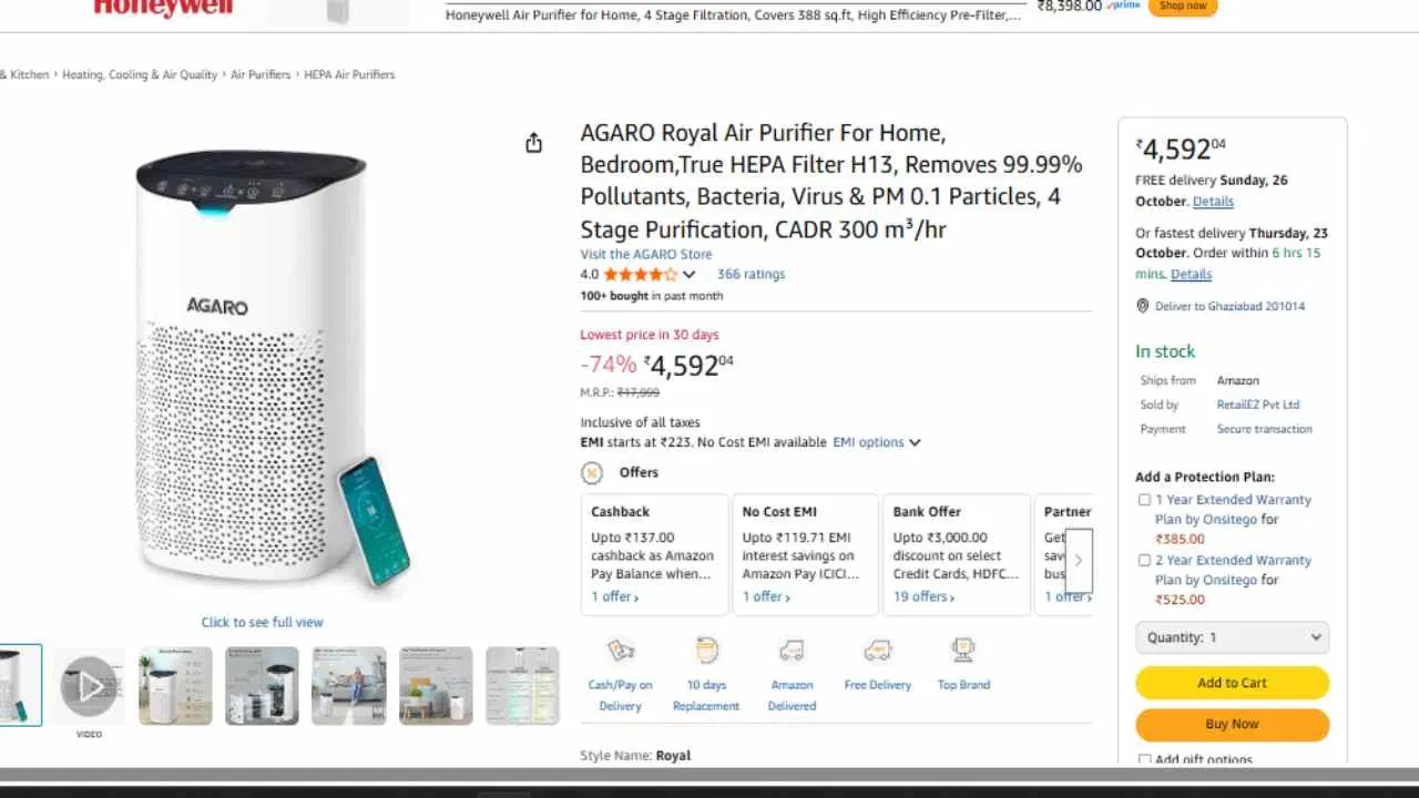 AGARO Royal Air Purifier: ਇਹ ਏਅਰ ਪਿਊਰੀਫਾਇਰ 74% ਦੇ ਡਿਸਕਾਉਂਟ 'ਤੇ ਦਿੱਤਾ ਜਾ ਰਿਹਾ ਹੈ। HEPA ਫਿਲਟਰ H13 ਅਤੇ 4-ਸਟੇਜ ਪਿਊਰੀਫਾਇਰ ਦੇ ਫੀਚਰ ਵਾਲਾ, ਇਹ ਬੈਕਟੀਰੀਆ, ਪ੍ਰਦੂਸ਼ਣ, ਵਾਇਰਸ ਅਤੇ ਇੱਥੋਂ ਤੱਕ ਕਿ ਛੋਟੇ ਕਣਾਂ ਨੂੰ ਵੀ ਹਟਾਉਣ ਦੇ ਸਮਰੱਥ ਹੈ। ਡਿਸਕਾਉਂਟ ਤੋਂ ਬਾਅਦ, ਇਸਨੂੰ ₹4,592 ਵਿੱਚ ਵੇਚਿਆ ਜਾ ਰਿਹਾ ਹੈ। (ਫੋਟੋ - ਐਮਾਜ਼ਾਨ)