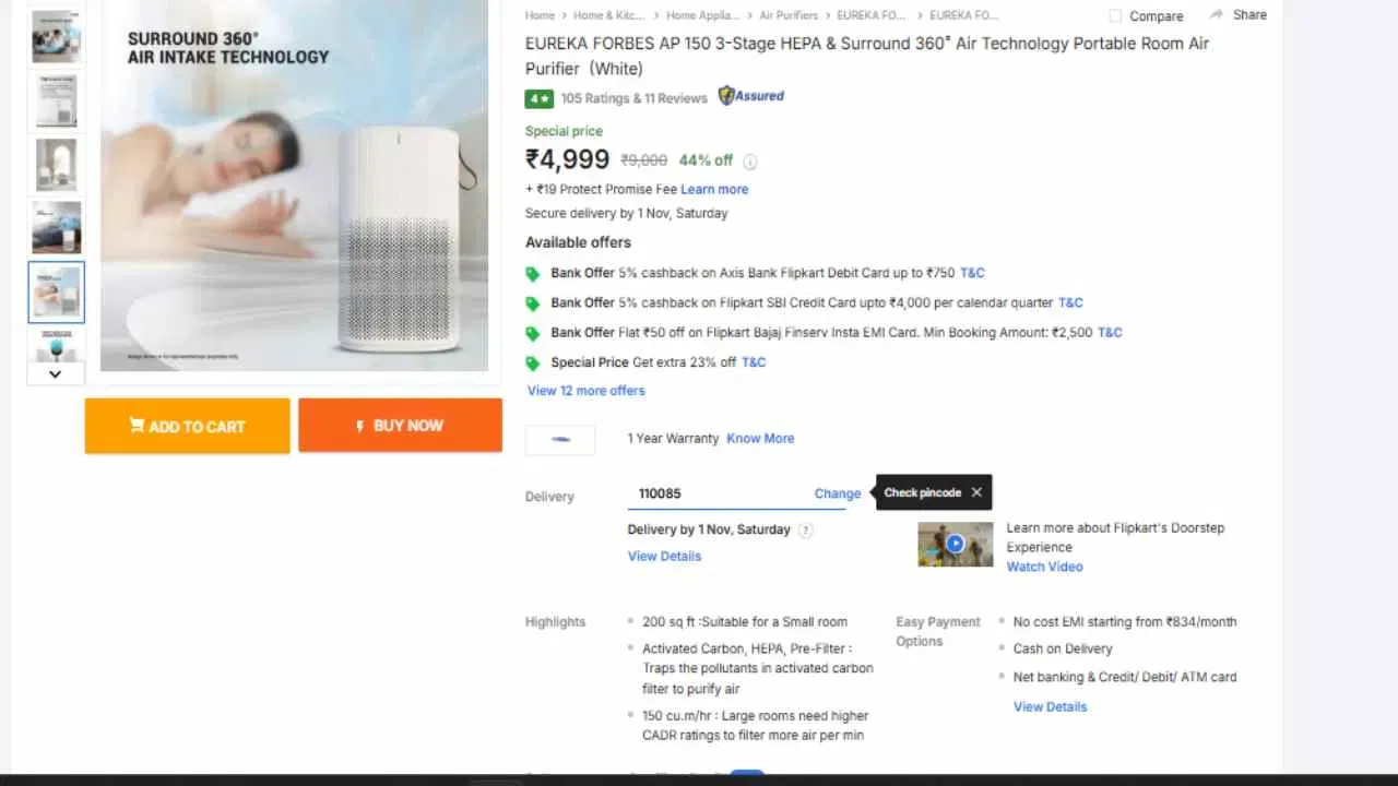 EUREKA FORBES Air Purifier: 3-ਸਟੇਜ HEPA ਸ਼ੁੱਧੀਕਰਨ ਵਾਲੀ ਇਹ ਪੋਰਟੇਬਲ ਮਸ਼ੀਨ ਫਲਿੱਪਕਾਰਟ 'ਤੇ ₹4,999 ਵਿੱਚ 44% ਦੇ ਡਿਸਕਾਉਂਟ ਤੋਂ ਬਾਅਦ ਵੇਚੀ ਜਾ ਰਹੀ ਹੈ। ਇਹ 200 ਵਰਗ ਫੁੱਟ ਤੱਕ ਦੇ ਕਮਰਿਆਂ ਲਈ ਬੈਸਟ ਆਪਸ਼ਨ ਹੈ। (ਫੋਟੋ - ਫਲਿੱਪਕਾਰਟ)