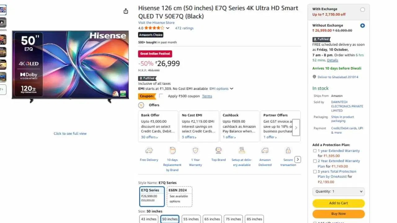 Hisense 50 inch QLED TV Price: Amazon Great India Festival Sale ਵਿੱਚ  50-ਇੰਚ ਟੀਵੀ  ₹26,999 ਵਿੱਚ 50% ਦੀ ਛੋਟ 'ਤੇ ਵੇਚਿਆ ਜਾ ਰਿਹਾ ਹੈ। ਇਹ ਟੀਵੀ Netflix, Zee5, Jio Hotstar, Sony Liv, Amazon Prime Video, ਅਤੇ Eros Now ਵਰਗੀਆਂ OTT ਐਪਸ ਨੂੰ ਸਪੋਰਟ ਕਰਦਾ ਹੈ। (ਫੋਟੋ: Amazon)