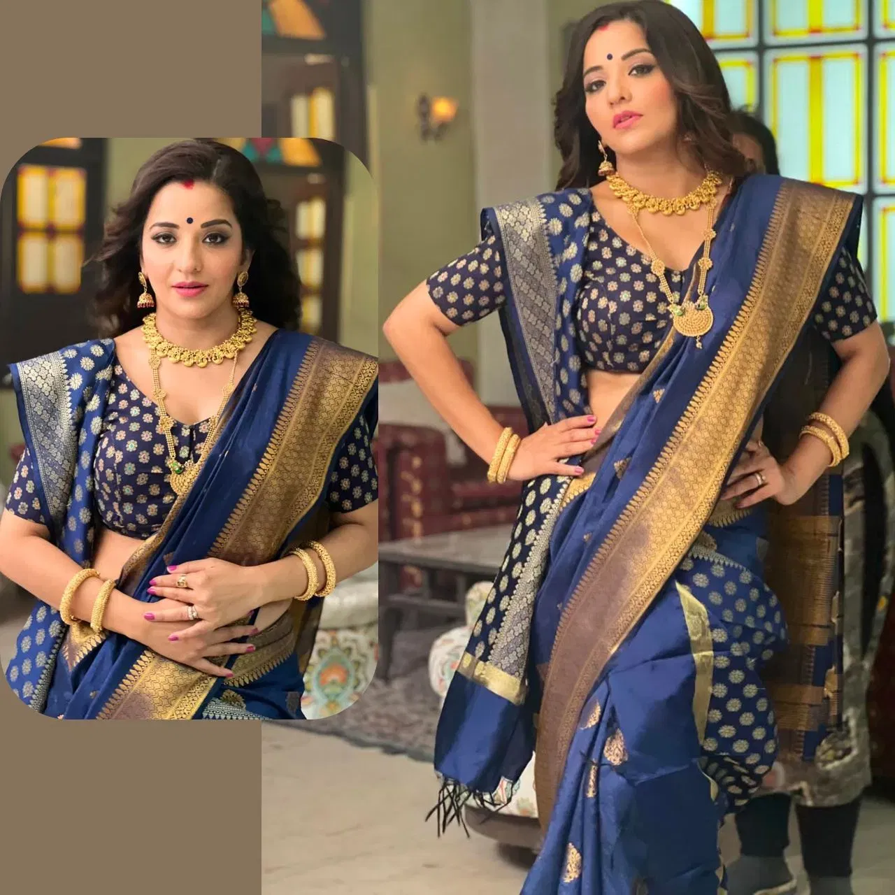 ਜੇਕਰ ਤੁਸੀਂ ਕਰਵਾ ਚੌਥ 'ਤੇ ਆਪਣੀ ਸਾੜੀ ਨੂੰ ਰਾਇਲ ਟੱਚ ਦੇਣਾ ਚਾਹੁੰਦੇ ਹੋ, ਤਾਂ ਭੋਜਪੁਰੀ ਕੁਈਨ ਦੇ ਇਸ ਲੁੱਕ ਦੀ ਕਾਪੀ ਕਰੋ। ਉਨ੍ਹਾਂ ਨੇ ਨੀਲੀ ਬਨਾਰਸੀ ਸਾੜੀ ਪਹਿਨੀ ਹੋਈ ਹੈ, ਜਿਸਨੂੰ ਪਲੇਟੇਡ ਪੱਲੇ ਵਿੱਚ ਲੈਫਟ ਸ਼ੋਲਡਰ ਤੇ ਡਰੇਪ ਕੀਤਾ ਹੈ ਅਤੇ ਆਪਣੇ ਸੱਜੇ ਮੋਢੇ 'ਤੇ ਮੈਚਿੰਗ ਦੁਪੱਟੇ ਨੂੰ ਰਾਈਟ ਸ਼ੋਲਡਰ ਤੇ ਪਿਨਅਪ ਕੀਤਾ ਹੋਇਆ ਹੈ । ਉਨ੍ਹਾਂ ਦਾ ਲੁੱਕ ਗੋਲਡਨ ਜੜਾਓ ਜੂਲਰੀ ਨਾਲ ਕਾਫੀ ਰਿੱਚ ਲੁਕ ਦੇ ਰਿਹਾ ਹੈ।