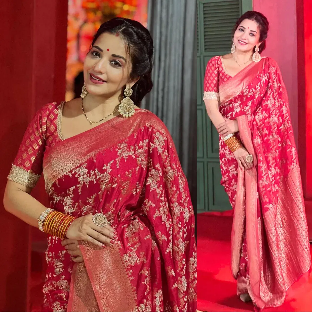 ਕਰਵਾ ਚੌਥ 'ਤੇ ਪਿੰਕ ਸਾੜੀ ਵੀ ਬਹੁਤ ਵਧੀਆ ਲੱਗੇਗੀ। ਮੋਨਾਲੀਸਾ ਨੇ ਫੁੱਲਾਂ ਅਤੇ ਪੱਤਿਆਂ ਦੇ ਜਾਲ ਵਾਲੇ ਡਿਜ਼ਾਈਨ ਵਾਲੀ ਸਾੜੀ ਪਾਈ ਹੋਈ ਹੈ। ਜਿਸ ਵਿੱਚ ਬਾਰਡਰ 'ਤੇ ਬਨਾਰਸੀ ਜ਼ਰੀ ਦਾ ਕੰਮ ਬਾਰੀਕੀ ਨਾਲ ਕੀਤਾ ਹੋਇਆ ਹੈ। ਅਦਾਕਾਰਾ ਨੇ ਆਪਣੇ ਲੁੱਕ ਨੂੰ ਈਅਰਿੰਗਜ, ਬੈਂਗਲਸ ਰਿੰਗ ਅਤੇ ਖਾਸ ਕਰਕੇ ਆਪਣੇ ਮੰਗਲਸੂਤਰ ਨਾਲ ਸਵਾਰਿਆਂ ਹੈ। ਮੱਥੇ 'ਤੇ ਬਿੰਦੀ, ਕ੍ਰੀਮੀ ਟੈਕਸਚਰ ਦੀ ਲਿਪਸਟਿਕ ਅਤੇ ਮਾਂਗ ਵਿੱਚ ਸਿੰਦੂਰ ਦੇ ਨਾਲ, ਮੋਨਾਲੀਸਾ ਬਹੁਤ ਸੁੰਦਰ ਲੱਗ ਰਹੀ ਹੈ।