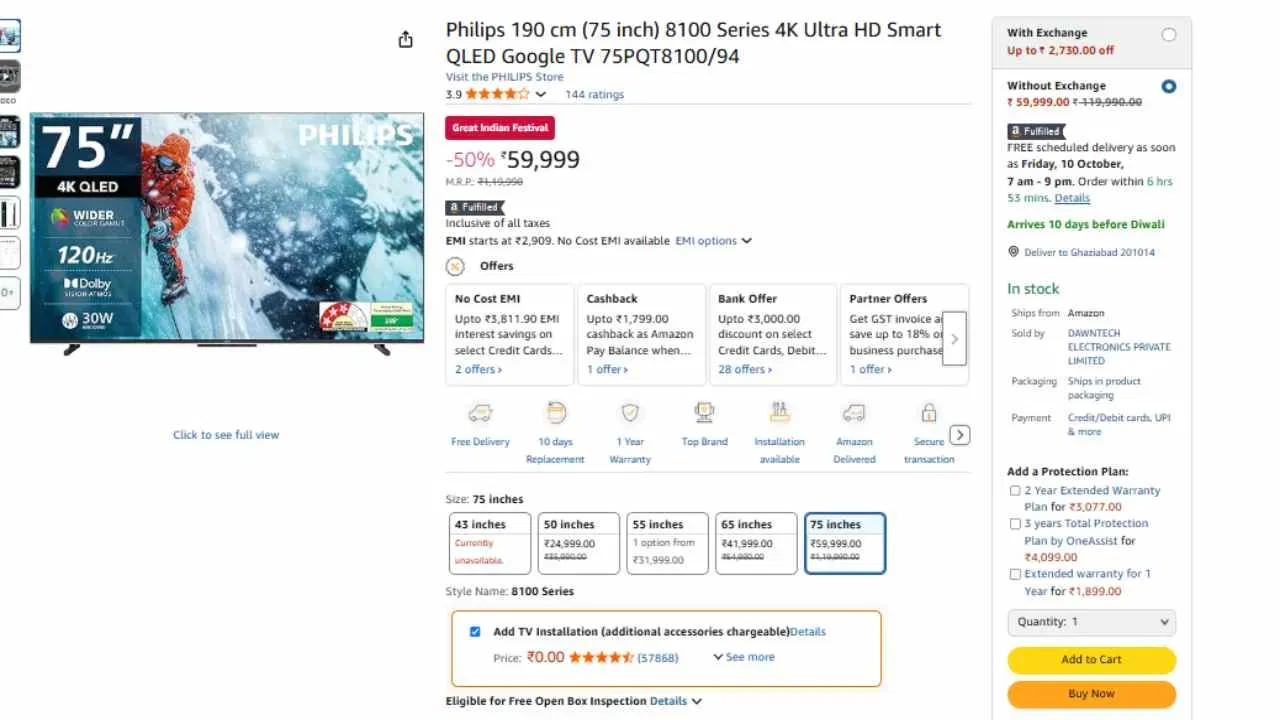 Philips 75 inch TV Price: 50% ਦੀ ਛੋਟ ਤੋਂ ਬਾਅਦ  75-ਇੰਚ ਸਮਾਰਟ ਟੀਵੀ ₹59,999 ਵਿੱਚ ਵੇਚਿਆ ਜਾ ਰਿਹਾ ਹੈ। Amazon ਦੀ ਲਿਸਟਿੰਗ ਮੁਤਾਬਕ, ਇਹ ਟੀਵੀ ਐਮਾਜ਼ਾਨ ਪ੍ਰਾਈਮ ਵੀਡੀਓ, ਸੋਨੀ ਲਿਵ, ਜ਼ੀ5 ਅਤੇ ਨੈੱਟਫਲਿਕਸ ਵਰਗੀਆਂ ਐਪਾਂ ਦਾ ਸਮਰਥਨ ਕਰਦਾ ਹੈ। (ਫੋਟੋ: Amazon)