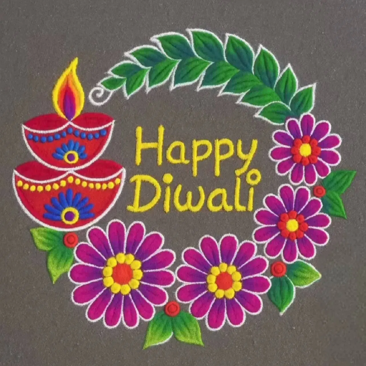 ਜੇ ਤੁਸੀਂ ਸਧਾਰਣ ਤੇ ਸੋਬਰ ਰੰਗੋਲੀ ਬਣਾਉਣਾ ਚਾਹੁੰਦੇ ਹੋ, ਤਾਂ ਇਹ ਡਿਜ਼ਾਈਨ ਤੁਹਾਡੇ ਲਈ ਬਿਹਤਰੀਨ ਹੈ। ਇਸ ਵਿੱਚ ਫੁੱਲ ਅਤੇ ਪੱਤਿਆਂ ਦੇ ਨਾਲ ਇੱਕ ਪਾਸੇ ਦੀਏ ਦਾ ਡਿਜ਼ਾਈਨ ਬਣਾਇਆ ਗਿਆ ਹੈ ਅਤੇ ਅੰਦਰ “Happy Diwali” ਲਿਖਿਆ ਗਿਆ ਹੈ। ਇਹ ਡਿਜ਼ਾਈਨ ਤੁਸੀਂ ਘਰ ‘ਤੇ ਬਹੁਤ ਆਸਾਨੀ ਨਾਲ ਬਣਾ ਸਕਦੇ ਹੋ।