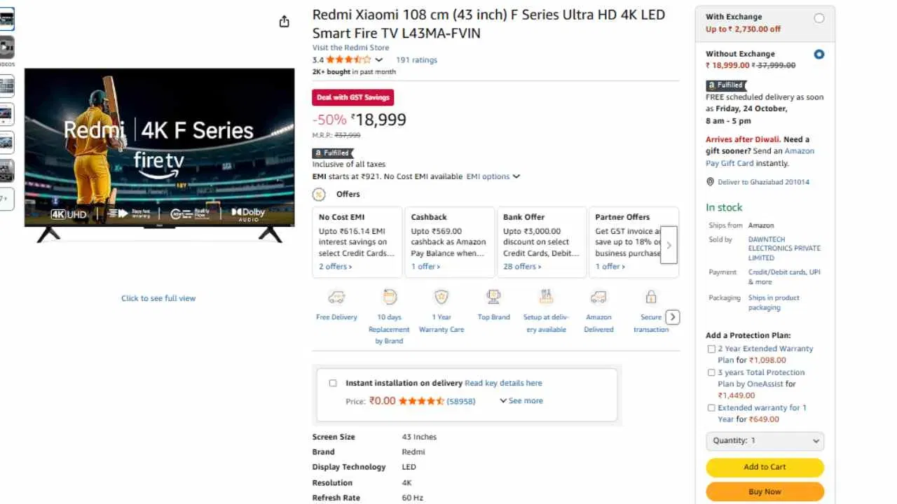 Redmi 43-inch Fire TV Price: ਜੇਕਰ ਤੁਸੀਂ ਆਪਣੇ ਘਰ ਲਈ 43-ਇੰਚ ਟੀਵੀ ਖਰੀਦਣ ਦਾ ਪਲਾਨ ਬਣਾ ਰਹੇ ਹੋ, ਤਾਂ  Redmi ਟੀਵੀ ਅੱਧੇ ਰੇਟ 'ਤੇ Amazon ਸੇਲ ਵਿੱਚ ਮਿਲ ਸਕਦਾ ਹੈ। 50% ਦੀ ਛੋਟ ਤੋਂ ਬਾਅਦ, ਇਹ ਟੀਵੀ ₹18,999 ਵਿੱਚ ਵੇਚਿਆ ਜਾ ਰਿਹਾ ਹੈ। (ਫੋਟੋ: Amazon)