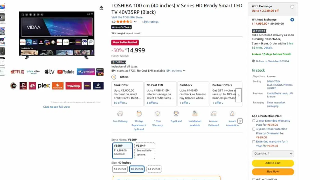 Toshiba 40-inch TV Price: Amazon ਸੇਲ ਵਿੱਚ  40-inch ਵਾਲਾ  ਸਮਾਰਟ ਟੀਵੀ 50% ਦੀ ਛੋਟ ਨਾਲ ₹14,999 ਵਿੱਚ ਵੇਚਿਆ ਜਾ ਰਿਹਾ ਹੈ। ਇਹ ਟੀਵੀ Netflix, Amazon Prime Video, ਅਤੇ Disney Plus Hotstar ਵਰਗੇ OTT ਐਪਸ ਨੂੰ ਸਪੋਰਟ ਕਰਦਾ ਹੈ। (ਫੋਟੋ: Amazon)