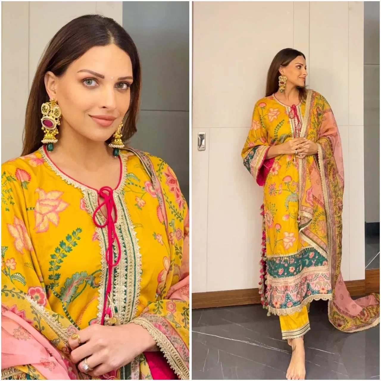 ਇਸ ਯੈਲੋ ਫਲੋਰਲ ਅਤੇ ਲੀਫ ਪ੍ਰਿੰਟ ਵਾਲੇ ਪਲਾਜ਼ੋ ਸੂਟ ਵਿੱਚ ਅਦਾਕਾਰਾ ਦਾ ਲੁੱਕ ਸ਼ਾਨਦਾਰ ਅਤੇ ਕਲਾਸੀ ਲੱਗ ਰਿਹਾ ਹੈ। ਖਾਸ ਕਰਕੇ ਨੇ ਕਸ਼ਮੀਰੀ ਈਅਰਿੰਗਸ ਵੀ ਪਹਿਨੇ ਹੋਏ ਹਨ। ਤੁਸੀਂ ਪਲਾਜ਼ੋ ਸੂਟ ਦੇ ਨਾਲ ਵੀ ਇਸੇ ਤਰ੍ਹਾਂ ਦੇ ਈਅਰਿੰਗਸ ਟ੍ਰਾਈ ਕਰ ਸਕਦੇ ਹੋ। ਉਨ੍ਹਾਂ ਦਾ ਇਹ ਲੁੱਕ ਬਹੁਤ ਸਟਾਈਲਿਸ਼ ਲੱਗ ਰਿਹਾ ਹੈ। ਤੁਸੀਂ ਆਪਣੇ ਸੂਟ ਦੇ ਨਾਲ ਕੰਟ੍ਰਾਸਟ ਵਿੱਚ ਈਅਰਿੰਗਜ ਵੀ ਵਿਅਰ ਕਰ ਸਕਦੇ ਹੋ। ( ਕ੍ਰੈਡਿਟ: iamhimanshikhurana )