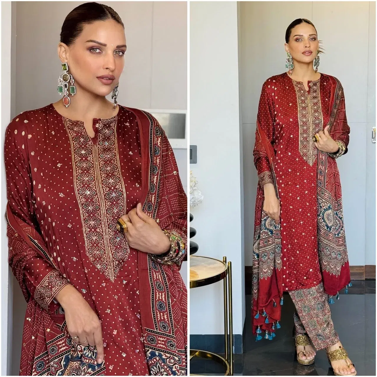 ਹਿਮਾਂਸ਼ੀ ਖੁਰਾਨਾ ਨੇ ਪ੍ਰਿੰਟਿਡ ਪਲਾਜ਼ੋ ਸੂਟ ਪਾਇਆ ਹੋਇਆ ਹੈ। ਉਨ੍ਹਾਂ ਨੇ ਆਪਣੇ ਲੁੱਕ ਨੂੰ ਲੌਂਗ ਈਅਰਿੰਗਸ, ਮੇਕਅਪ ਅਤੇ ਸਿੰਪਲ ਹੇਅਰ ਸਟਾਈਲ ਨਾਲ ਕੰਪਲੀਟ ਕੀਤਾ ਹੈ। ਜੇਕਰ ਤੁਸੀਂ ਪ੍ਰਿੰਟਿਡ ਸੂਟ ਪਾਉਣ ਜਾ ਰਹੇ ਹੋ ਤਾਂ ਤੁਸੀਂ ਇਸ ਅਦਾਕਾਰਾ ਦੇ ਲੁੱਕ ਦੀ ਕਾਪੀ ਕਰ ਸਕਦੇ ਹੋ। ਉਨ੍ਹਾਂ ਦਾ ਓਵਰਆਲ ਲੁੱਕ ਪਰਫੈਕਟ ਦਿਖਾਈ ਦੇ ਰਿਹਾ ਹੈ। ਤੁਸੀਂ ਆਕਸੀਡਾਈਜ਼ਡ ਜਾਂ ਸਟੋਨ ਈਅਰਿੰਗਸ ਨਾਲ ਲੁੱਕ ਨੂੰ ਕੰਪਲੀਟ ਕਰ ਸਕਦੇ ਹੋ। ( ਕ੍ਰੈਡਿਟ: iamhimanshikhurana )