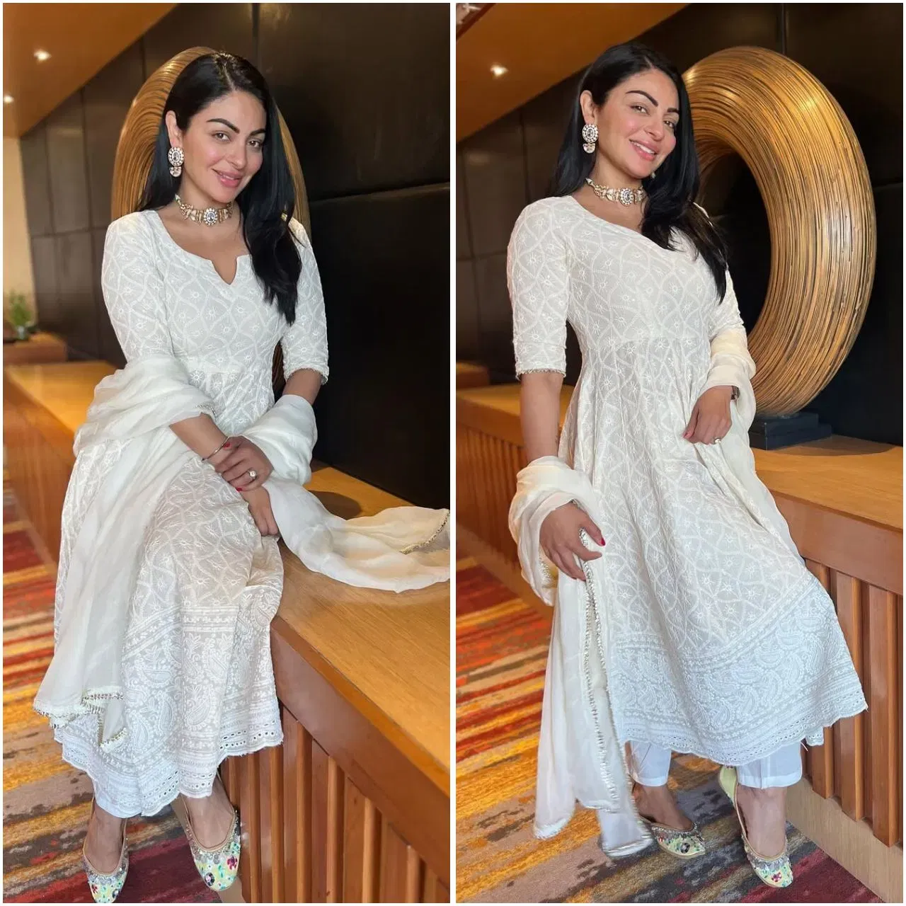 ਨੀਰੂ ਬਾਜਵਾ ਨੇ ਚਿਕਨਕਾਰੀ ਅਨਾਰਕਲੀ ਸੂਟ ਪਾਇਆ ਹੋਇਆ ਹੈ। ਉਨ੍ਹਾਂਨੇ ਚੋਕਰ-ਸਟਾਈਲ ਨੈੱਕਲੇਸ ਅਤੇ ਮਿਨੀਮਲ ਮੇਕਅਪ ਨਾਲ ਆਪਣਾ ਲੁੱਕ ਕੰਪਲੀਟ ਕੀਤਾ ਹੈ। ਤੁਸੀਂ ਚਿਕਨਕਾਰੀ ਪਲਾਜ਼ੋ ਜਾਂ ਅਨਾਰਕਲੀ ਸੂਟ ਵੀ ਪਹਿਨ ਸਕਦੇ ਹੋ। ਇਹ ਫੈਬਰਿਕ ਦਫ਼ਤਰ ਤੋਂ ਲੈ ਕੇ ਪਾਰਟੀਆਂ ਅਤੇ ਖਾਸ ਮੌਕਿਆਂ ਤੱਕ ਹਰ ਚੀਜ਼ ਲਈ ਪਰਫੈਕਟ ਰਹਿੰਦਾ ਹੈ। ( ਕ੍ਰੈਡਿਟ: neerubajwa )