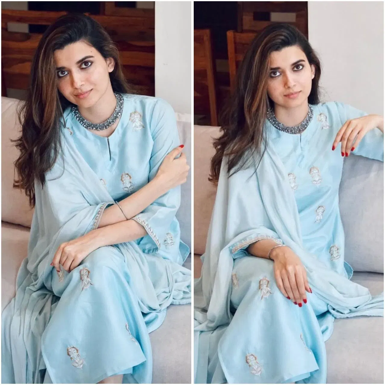 ਨਿਮਰਤ ਖਹਿਰਾ ਨੇ ਸਿੰਪਲ ਪਰ ਗ੍ਰੇਸਫੁੱ ਪਲਾਜ਼ੋ ਸੂਟ ਪਾਇਆ ਹੋਇਆ ਹੈ। ਉਨ੍ਹਾਂ ਨੇ ਮਿਨੀਮਲ ਮੇਕਅਪ ਅਤੇ ਆਕਸੀਡਾਈਜ਼ਡ ਨੈਕਲੈੱਸ ਨਾਲ ਆਪਣੇ ਲੁੱਕ ਨੂੰ ਕੰਪਲੀਟ ਕੀਤਾ ਹੈ। ਤੁਸੀਂ ਸੂਟ ਦੇ ਨਾਲ ਸਿਰਫ਼ ਖਾਲੀ ਈਅਰਿੰਗਸ ਵੀ ਪਹਿਨ ਸਕਦੇ ਹੋ, ਜੋ ਤੁਹਾਨੂੰ ਕਲਾਸੀ ਲੁੱਕ ਦੇਵੇਗਾ। ਜੇਕਰ ਤੁਸੀਂ ਇੱਕ ਸਿੰਪਲ ਸੂਟ ਪਹਿਨ ਰਹੇ ਹੋ, ਤਾਂ ਐਕਟ੍ਰੈਸ ਦੇ ਇਸ ਲੁੱਕ ਤੋਂ ਸਟਾਈਲਿੰਗ ਆਇਡਿਆ ਲੈ ਸਕਦੇ ਹੋ। ( ਕ੍ਰੈਡਿਟ: nimratkhairaofficial )