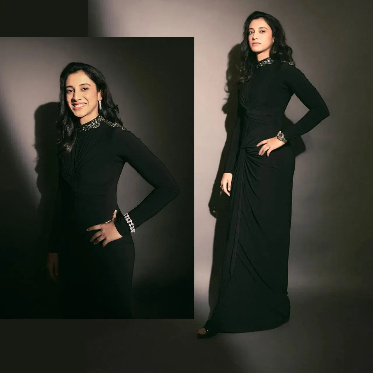 ਸਮ੍ਰਿਤੀ ਮੰਧਾਨਾ ਵੀ ਸੋਸ਼ਲ ਮੀਡੀਆ ‘ਤੇ ਕਾਫ਼ੀ ਐਕਟਿਵ ਰਹਿੰਦੀ ਹੈ ਅਤੇ ਅਕਸਰ ਆਪਣੇ ਸਟਾਈਲਿਸ਼ ਲੁੱਕਸ ਵਿੱਚ ਪੋਸਟ ਸ਼ੇਅਰ ਕਰਦੀ ਰਹਿੰਦੀ ਹੈ। ਉਨ੍ਹਾਂ ਦਾ ਇਹ ਲੁੱਕ ਕੈਜ਼ੁਅਲ ਪਰ ਸਟਾਈਲਿਸ਼ ਹੈ। ਉਹ ਵਾਈਟ ਕਲੱਰ ਦਾ ਸਟ੍ਰਿਪ ਵੇਸ ਕੋਟ ਅਤੇ ਮੇਚਿੰਗ ਫਾਰਮਲ ਪੈਂਟਸ ਵਿੱਟ ਸਿੰਪਲ ਤੇ ਸੋਬਰ ਲੁੱਕ ਵਿੱਚ ਨਜ਼ਰ ਆ ਰਹੀ ਹੈ। ਲਾਈਟ ਬਾਊਂਸੀ ਸੌਫਟ ਵੇਵਜ਼ ਹੇਅਰ,ਨੇਚਰਲ ਮੇਕਅਪ ਅਤੇ ਮਿਨਿਮਲਿਸਟਿਕ ਐਕਸੈਸਰੀਜ਼ ਨਾਲ ਉਨ੍ਹਾਂ ਦਾ ਇਹ ਲੁੱਕ ਬਹੁਤ ਕਲਾਸੀ ਲੱਗ ਰਿਹਾ ਹੈ।