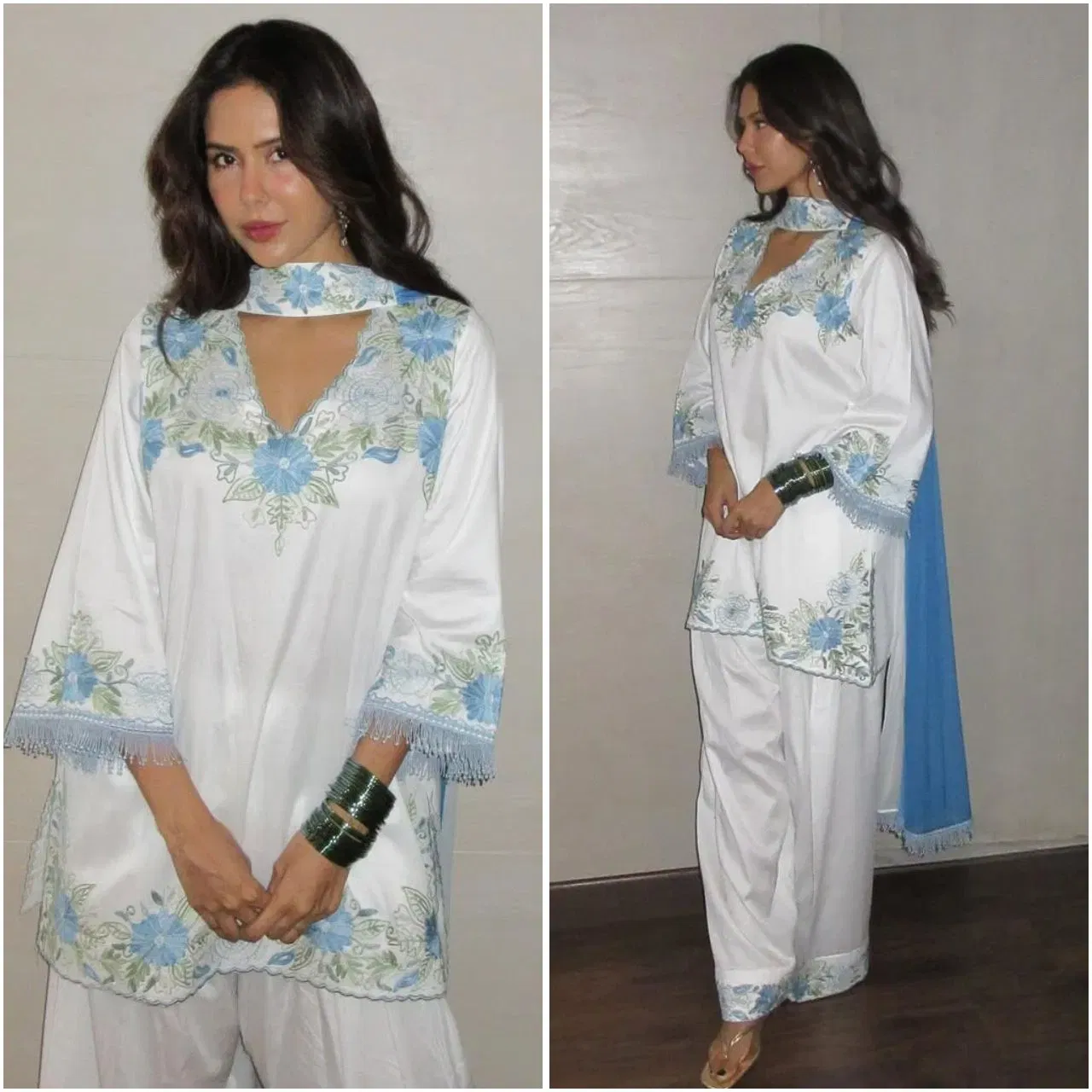 ਸੋਨਮ ਬਾਜਵਾ ਨੇ ਐਂਬ੍ਰਾਇਡਰੀ ਵਰਕ ਵਿੱਚ ਫਾਰਸੀ ਸਲਵਾਰ ਸੂਟ ਪਾਇਆ ਹੋਇਆ ਹੈ। ਨਾਲ ਹੀ ਗ੍ਰੀਨ ਕਲਰ ਦੀਆਂ ਚੂੜੀਆਂ ਅਤੇ ਈਅਰਿੰਗਸ ਵੀ ਕੈਰੀ ਕੀਤੇ ਹਨ। ਉਨ੍ਹਾਂ ਦਾ ਲੁੱਕ ਕਲਾਸੀ ਲੱਗ ਰਿਹਾ ਹੈ। ਤੁਸੀਂ ਵੀ ਸਿੰਪਲ ਪਲਾਜ਼ੋ ਜਾਂ ਫਾਰਸੀ ਸੂਟ ਵਿੱਚ ਇੱਕ ਇਹ ਲੁੱਕ ਪਾਉਣ ਲਈ ਇਸ ਅਭਿਨੇਤਰੀ ਦੇ ਦਿੱਖ ਤੋਂ ਆਇਡਿਆ ਲੈ ਸਕਦੇ ਹੋ। ਤੁਸੀਂ ਆਕਸੀਡਾਈਜ਼ਡ ਈਅਰਰਿੰਗਸ ਵੀ ਪਾ ਸਕਦੇ ਹੋ। (Credit : sonambajwa)