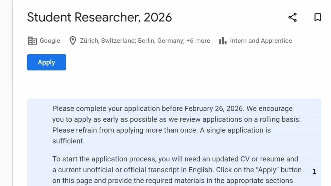 ਗੂਗਲ ਚ ਵਿਦਿਆਰਥੀਆਂ ਲਈ ਰਿਸਰਚ ਇੰਟਰਨਸ਼ਿਪ, ਜਰਮਨੀ-ਫਰਾਂਸ-ਸਵਿਟਜ਼ਰਲੈਂਡ-ਯੂਕੇ ਵਿੱਚ ਕੰਮ ਕਰਨ ਦਾ ਮਿਲੇਗਾ ਮੌਕਾ ਗੂਗਲ ਚ ਵਿਦਿਆਰਥੀਆਂ ਲਈ ਰਿਸਰਚ ਇੰਟਰਨਸ਼ਿਪ, ਜਰਮਨੀ-ਫਰਾਂਸ-ਸਵਿਟਜ਼ਰਲੈਂਡ-ਯੂਕੇ ਵਿੱਚ ਕੰਮ ਕਰਨ ਦਾ ਮਿਲੇਗਾ ਮੌਕਾ
