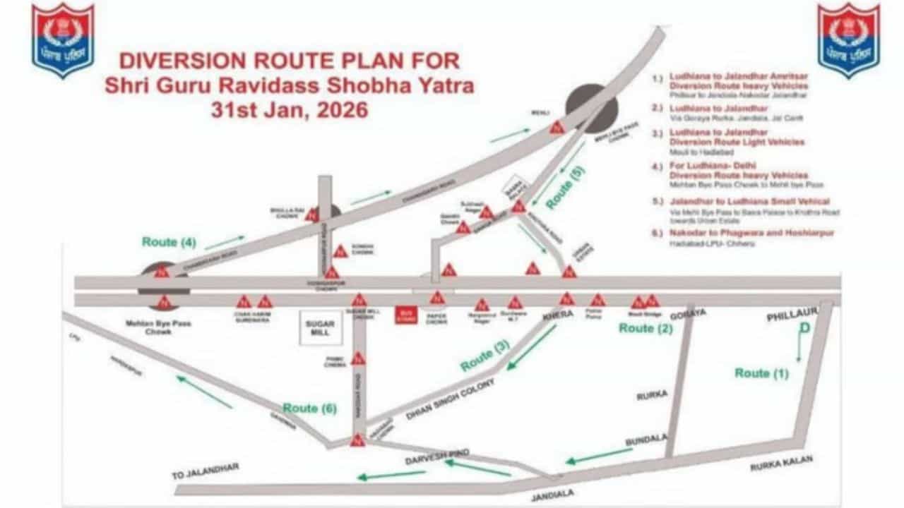 Phagwara: ਗੁਰੂ ਰਵਿਦਾਸ ਜੀ ਦੇ ਪ੍ਰਕਾਸ਼ ਪੁਰਬ ਮੌਕੇ 31 ਜਨਵਰੀ ਨੂੰ ਫਗਵਾੜਾ ਚ ਸਜੇਗਾ ਵਿਸ਼ਾਲ ਨਗਰ ਕੀਰਤਨ, ਟ੍ਰੈਫਿਕ ਰੂਟਾਂ ਵਿੱਚ ਹੋਇਆ ਵੱਡਾ ਬਦਲਾਅ Phagwara: ਗੁਰੂ ਰਵਿਦਾਸ ਜੀ ਦੇ ਪ੍ਰਕਾਸ਼ ਪੁਰਬ ਮੌਕੇ 31 ਜਨਵਰੀ ਨੂੰ ਫਗਵਾੜਾ ਚ ਸਜੇਗਾ ਵਿਸ਼ਾਲ ਨਗਰ ਕੀਰਤਨ, ਟ੍ਰੈਫਿਕ ਰੂਟਾਂ ਵਿੱਚ ਹੋਇਆ ਵੱਡਾ ਬਦਲਾਅ