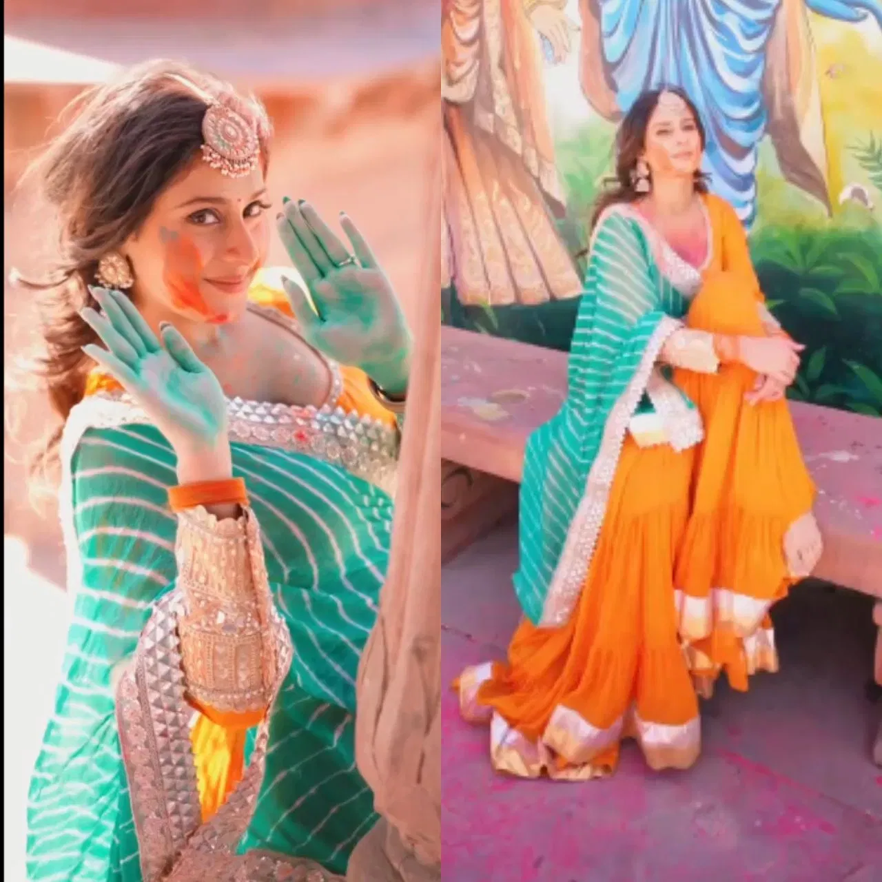 ਈਸ਼ਾ ਮਾਲਵੀਆ ਦਾ ਇਹ ਲੁੱਕ ਹੋਲੀ ਪਾਰਟੀ ਲਈ ਵੀ ਪਰਫੈਕਟ ਹੈ। ਅਦਾਕਾਰਾ ਨੇ ਹੇਮਲਾਈਨ 'ਤੇ ਲੇਸ ਵਰਕ ਵਾਲਾ ਆਰੇਂਜ ਘੱਗਰਾ ਪਾਇਆ ਹੋਇਆ ਹੈ। ਉਨ੍ਹਾਂ ਨੇ ਇਸਨੂੰ ਬਾਰਡਰ ਦੇ ਨਾਲ ਟਰਕਵਾਇਜ ਕਲਰ ਦਾ ਲਹਿਰੀਆ ਪ੍ਰਿੰਟ ਦੁਪੱਟਾ ਪੇਅਰ ਕੀਤਾ ਹੈ। ਉਨ੍ਹਾਂ ਦਾ ਇਹ ਲੁੱਕ ਵੀ ਫੋਟੋਜੈਨਿਕ ਵੀ ਹੈ।