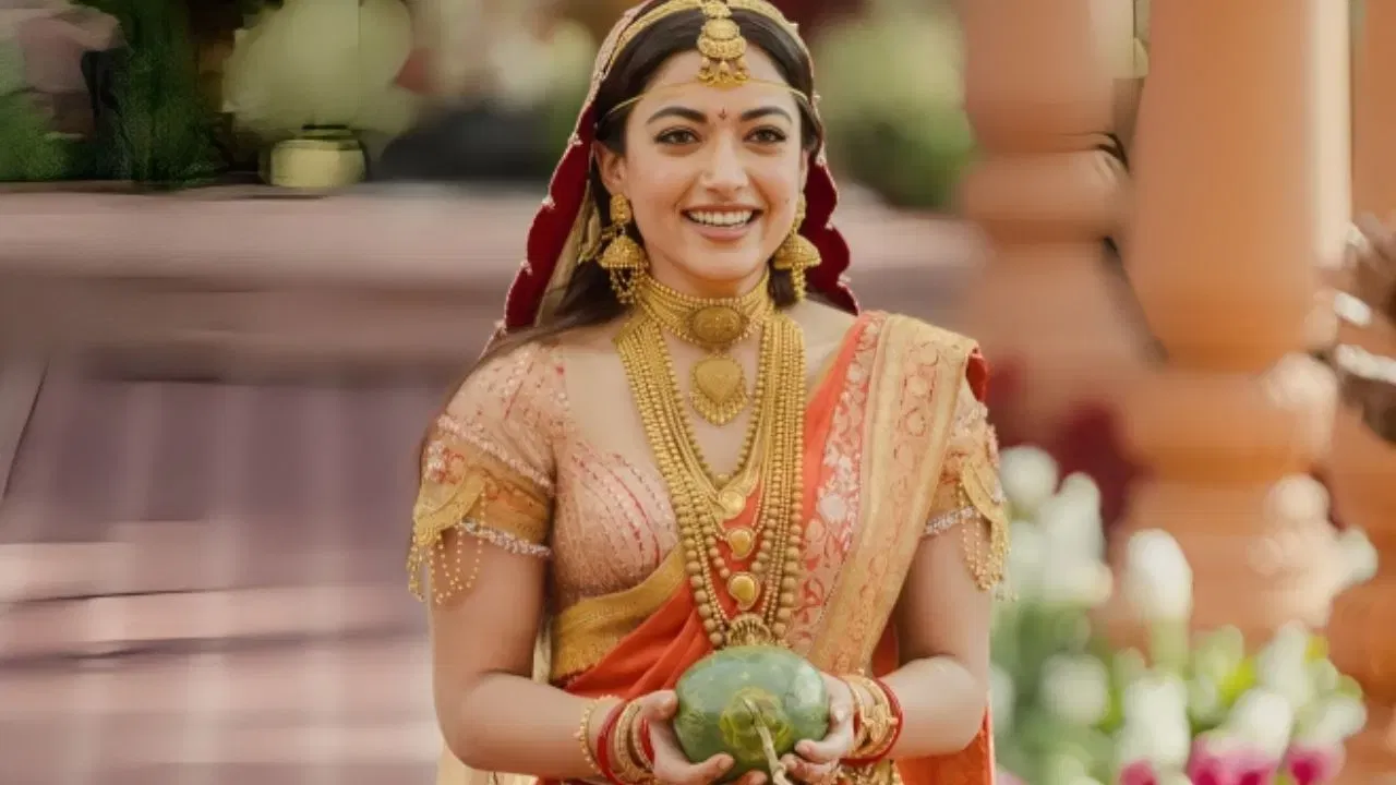 ਰਸ਼ਮੀਕਾ ਨੇ ਆਪਣੇ ਵਿਆਹ ਦੇ ਪਹਿਰਾਵੇ ਲਈ ਸੰਤਰੀ ਅਤੇ ਸੁਨਹਿਰੀ ਰੰਗਾਂ ਦਾ ਸੁਮੇਲ ਚੁਣਿਆ। ਅਦਾਕਾਰਾ ਨੇ ਇਸ ਰਵਾਇਤੀ ਸਾੜੀ ਨੂੰ ਭਾਰੀ ਸੁਨਹਿਰੀ ਗਹਿਣਿਆਂ ਪਾਏ ਹੋਏ ਸਨ।