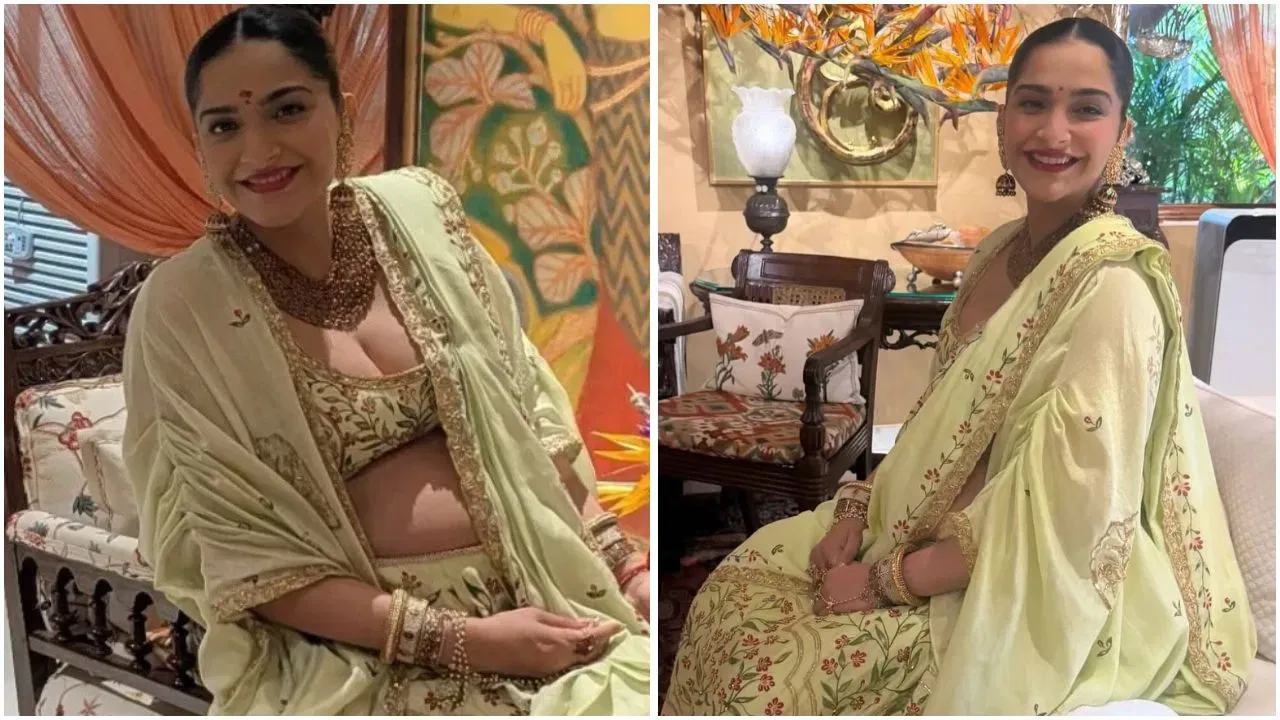 ਇਸ ਮੌਕੇ ਲਈ, ਸੋਨਮ ਨੇ ਕਢਾਈ ਵਾਲੇ ਕੰਮ ਦੇ ਨਾਲ ਇੱਕ ਲਾਈਮ ਗ੍ਰੀਨ ਕਲਰ ਦਾ ਲਹਿੰਗਾ ਅਤੇ ਚੋਲੀ ਪਾਇਆ। ਜਿਸ ਉੱਤੇ ਐਂਬ੍ਰਾਇਡਰੀ ਵਰਕ ਹੋ ਰੱਖਿਆ ਹੈ। ਹੈਵੀ ਨੈਕਲੈਸ ਝੁਮਕੀ-ਸਟਾਈਲ ਈਅਰਿੰਗਸ, ਬਨ ਵਾਲਾਂ ਦਾ ਸਟਾਈਲ ਅਤੇ ਮੇਕਅਪ ਨਾਲ ਆਪਣੇ ਲੁੱਕ ਨੂੰ ਕਲਾਸੀ ਬਣਾਇਆ ਹੈ। ਨਾਲ ਹੀ ਹੱਥਾਂ ਵਿੱਚ ਮੈਚਿੰਗ ਬੈਂਗਲਸ ਵੀ ਕੈਰੀ ਕੀਤੇ ਹਨ। ਉਨ੍ਹਾਂ ਦੇ ਚੇਹਰੇ ਤੇ ਖੁਸ਼ੀ ਅਤੇ Mom To Be ਦਾ ਗਲੋ ਸਾਫ਼ ਦਿਖਾਈ ਦੇ ਰਿਹਾ ਹੈ।