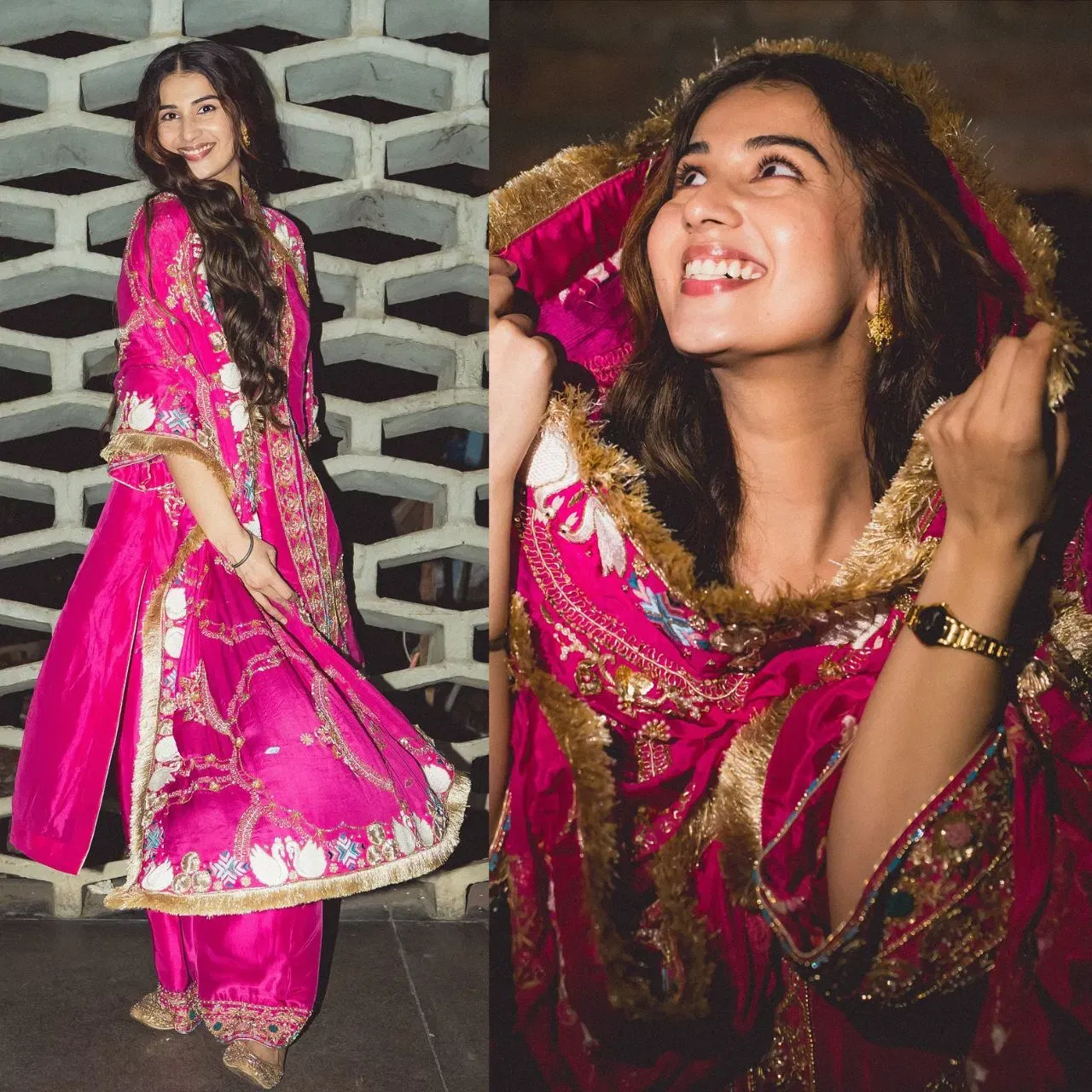 ਪਰੀ ਪੰਧੇਰ ਦਾ ਇਹ ਲੁੱਕ ਤਿਉਹਾਰੀ ਸੀਜ਼ਨ ਲਈ ਪਰਫੈਕਟ ਰਹੇਗਾ। ਉਨ੍ਹਾਂ ਨੇ ਪਿੰਕ ਕਲਰ ਦਾ ਫਰੌਕ ਸੂਟ ਕੈਰੀ ਕੀਤਾ ਹੈ, ਜਿਸ ਵਿੱਚ ਸਿਲਕ, ਬੀਡਸ ਅਤੇ ਕਟਦਾਨਾ ਨਾਲ ਖੂਬਸੂਰਤ ਐਂਬ੍ਰਾਇਡਰੀ ਕੀਤੀ ਗਈ ਹੈ। ਨਾਲ ਹੀ ਦੇ ਦੁਪੱਟੇ ਤੇ ਕਿਨਾਰੀ ਗੋਟਾ-ਪੱਟੀ ਵਰਕ ਕੀਤਾ ਗਿਆ ਹੈ, ਜੋ ਇਸਨੂੰ ਤਿਉਹਾਰ ਲਈ ਹੋਰ ਵੀ ਬੇਹਤਰੀਨ ਬਣਾਉਂਦਾ ਹੈ।