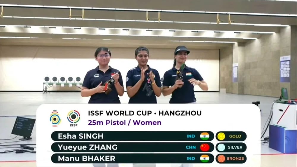ਚੀਨ ਦੇ ਹਾਂਗਝਾਊ ਵਿੱਚ ਚੱਲ ਰਹੇ ISSF World Cup ਦੀ ਮੈਡਲ ਟੇਲੀ ਵਿੱਚ ਦੂਜੇ ਸਥਾਨ 'ਤੇ ਆ ਗਿਆ ਹੈ। ਭਾਰਤ ਕੋਲ ਹੁਣ 6 ਗੋਲਡ ਮੈਡਲ ਹਨ। ਈਸ਼ਾ ਸਿੰਘ ਨੇ ਆਪਣੀ ਬੰਦੂਕ ਨਾਲ 14 ਮੈਡਲਸ ਵਿੱਚੋਂ ਇੱਕ ਗੋਲਡ, 2 ਸਿਲਵਰ ਅਤੇ ਇੱਕ ਬ੍ਰਾਂਜ ਸਮੇਤ 4 ਮੈਡਲ ਆਪਣੀ ਬੰਦੂਕ ਨਾਲ ਜਿਤਾਏ ਹਨ। (ਫੋਟੋ: X)