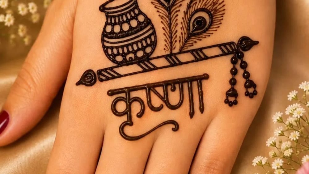 ਇਹ ਰਵਾਇਤੀ ਭਾਰਤੀ ਬ੍ਰਾਈਡਲ ਸਟਾਈਲ ਦੀ ਮਹਿੰਦੀ ਹੈ, ਜਿਸ ਦੇ ਵਿਚਕਾਰ ਮਟਕਾ, ਉਸ ਦੇ ਉੱਪਰ ਤਿੰਨ ਮੋਰ ਪੰਖ, ਹੇਠਾਂ ਬੰਸਰੀ ਅਤੇ ‘ਕ੍ਰਿਸ਼ਨ’ ਲਿਖਿਆ ਹੋਇਆ ਹੈ। ਹਥੇਲੀ ਦੇ ਸੈਂਟਰ ਵਿੱਚ ਸਾਫ਼-ਸੁਥਰੀ ਅਤੇ ਬੋਲਡ ਲਾਈਨਾਂ ਵਾਲਾ ਕਲਾਸਿਕ ਰਾਜਸਥਾਨੀ-ਗੁਜਰਾਤੀ ਸਟਾਈਲ ਦਾ ਡਿਜ਼ਾਈਨ ਬਣਾਇਆ ਗਿਆ ਹੈ।
