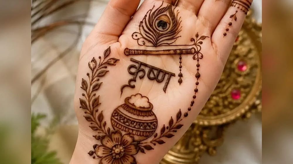 ਇਹ ਡਿਟੇਲਡ ਟ੍ਰੈਡੀਸ਼ਨਲ ਅਤੇ ਮਾਡਰਨ ਮਿਕਸ ਸਟਾਈਲ ਦਾ ਮਹਿੰਦੀ ਡਿਜ਼ਾਈਨ ਹੈ। ਇਸ ਦੇ ਵਿਚਕਾਰ ਬੰਸਰੀ, “ਕ੍ਰਿਸ਼ਨ”, ਉੱਪਰ ਮੋਰ ਪੰਖ ਅਤੇ ਹੇਠਾਂ ਮਟਕਾ ਤੇ ਫੁੱਲ ਬਣੇ ਹੋਏ ਹਨ। ਉਂਗਲਾਂ 'ਤੇ ਫਾਈਨ ਵਾਈਨ ਡਿਜ਼ਾਈਨ ਅਤੇ ਕਲਾਈ 'ਤੇ ਹੈਵੀ ਬ੍ਰੇਸਲੇਟ ਸਟਾਈਲ ਸ਼ਾਨਦਾਰ ਲੱਗ ਰਹੀ ਹੈ। ਇਹ ਬੋਲਡ ਅਤੇ ਫਾਈਨ ਲਾਈਨਾਂ ਦੇ ਸ਼ਾਨਦਾਰ ਕਾਨਟਰਾਸਟ ਵਾਲਾ ਫੁੱਲ ਪਾਮ ਕਵਰੇਜ ਡਿਜ਼ਾਈਨ ਹੈ।